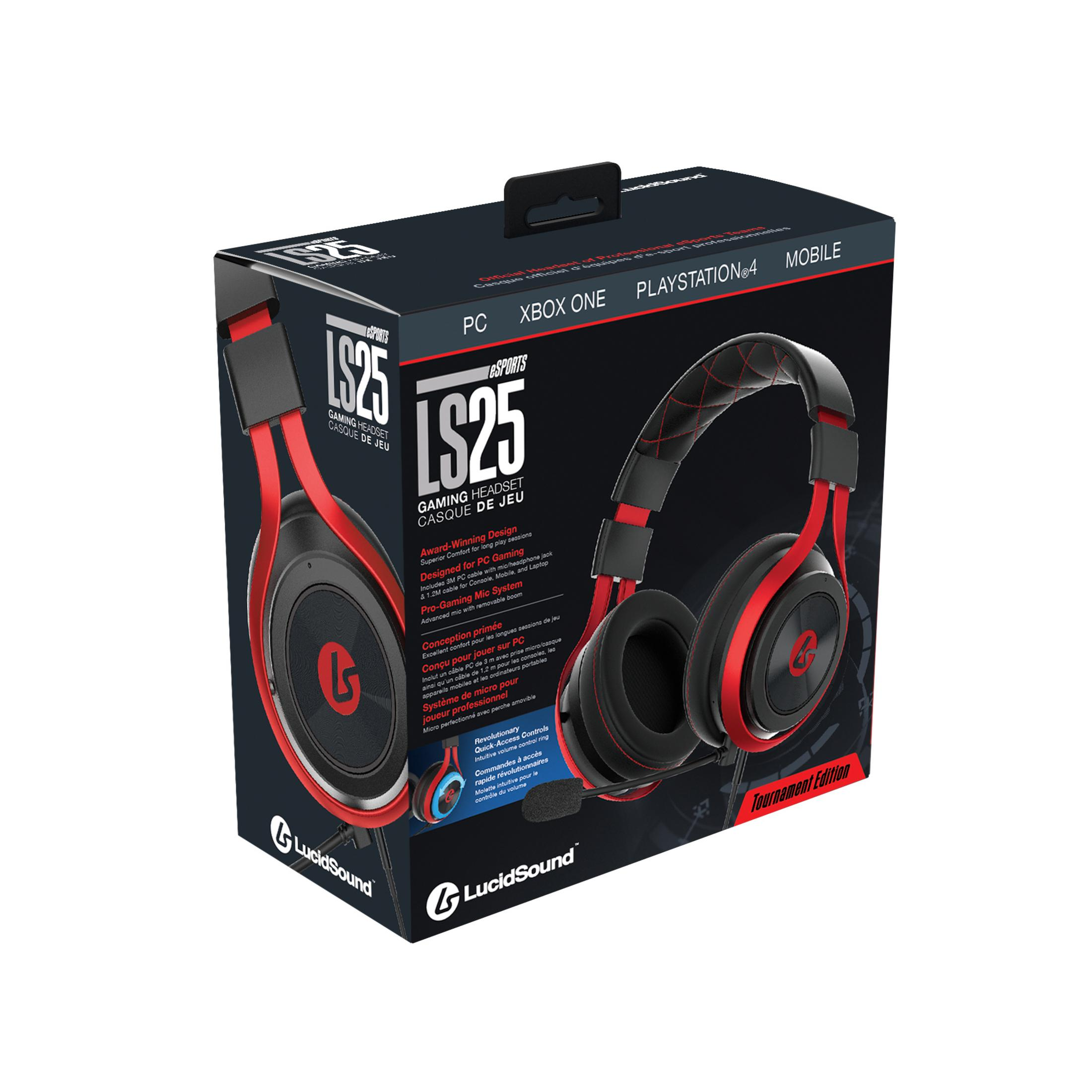 Zestaw słuchawkowy dla graczy w kolorze czerwono-czarnym na pudełku produktu, z logo LucidSound.