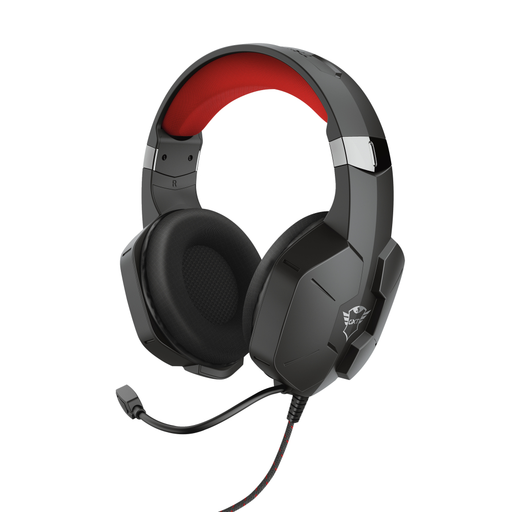Cuffie da gioco nere e rosse con microfono. Dettagli rossi sulla fascia.