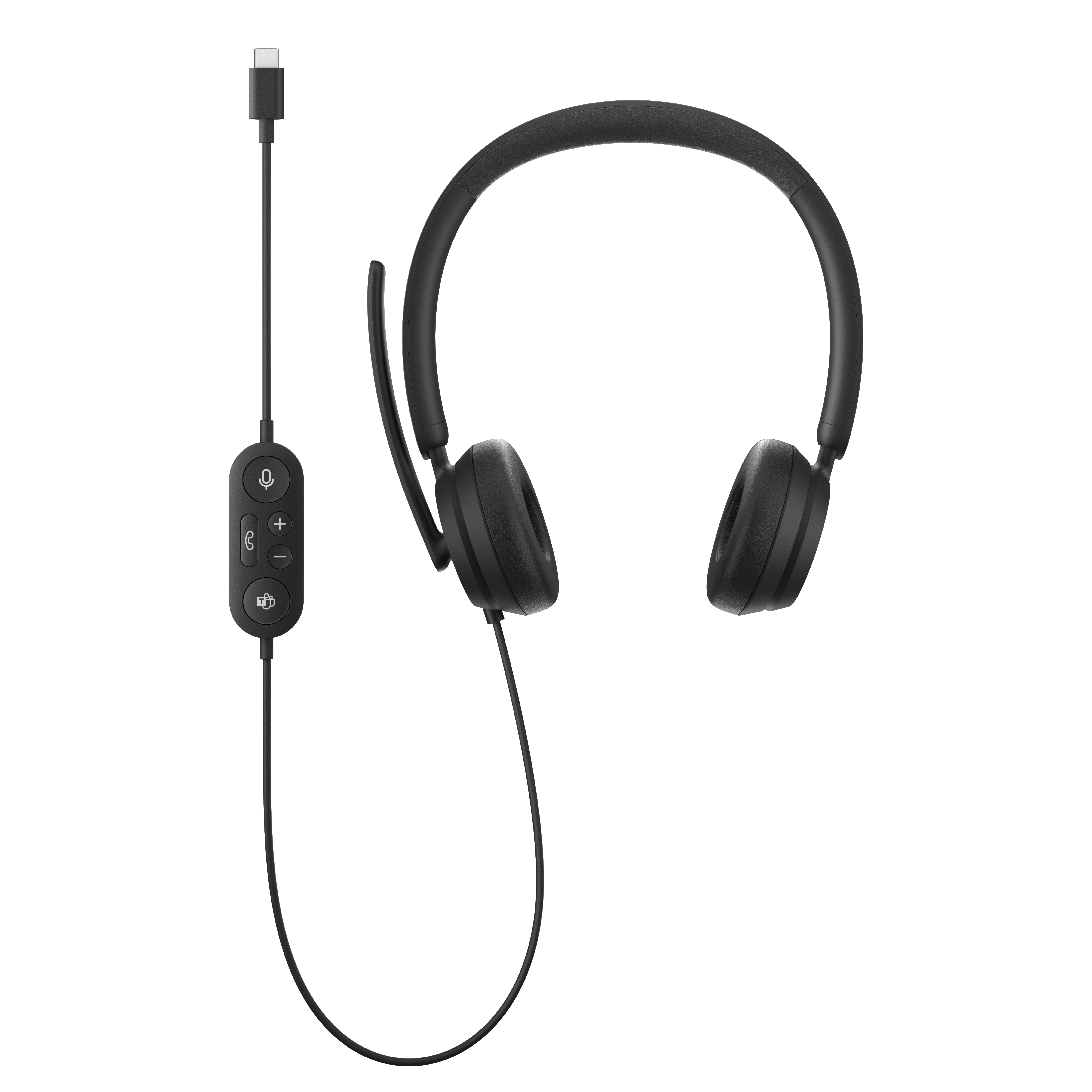 Cuffie nere con microfono. Ha un cavo con controlli del volume e mute e un connettore USB-C.
