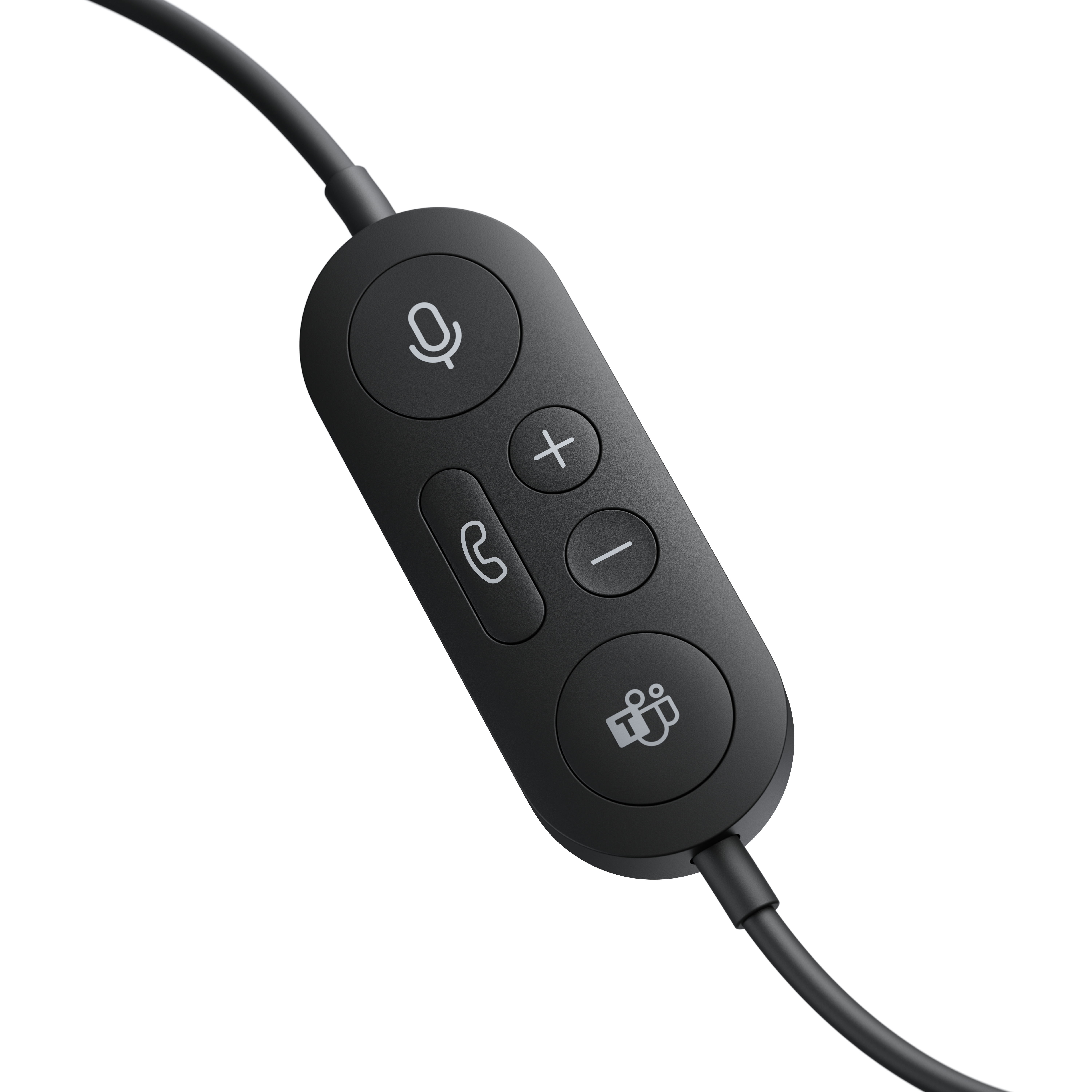 Controllo cuffie nero con microfono, pulsanti del volume e un pulsante Microsoft Teams.