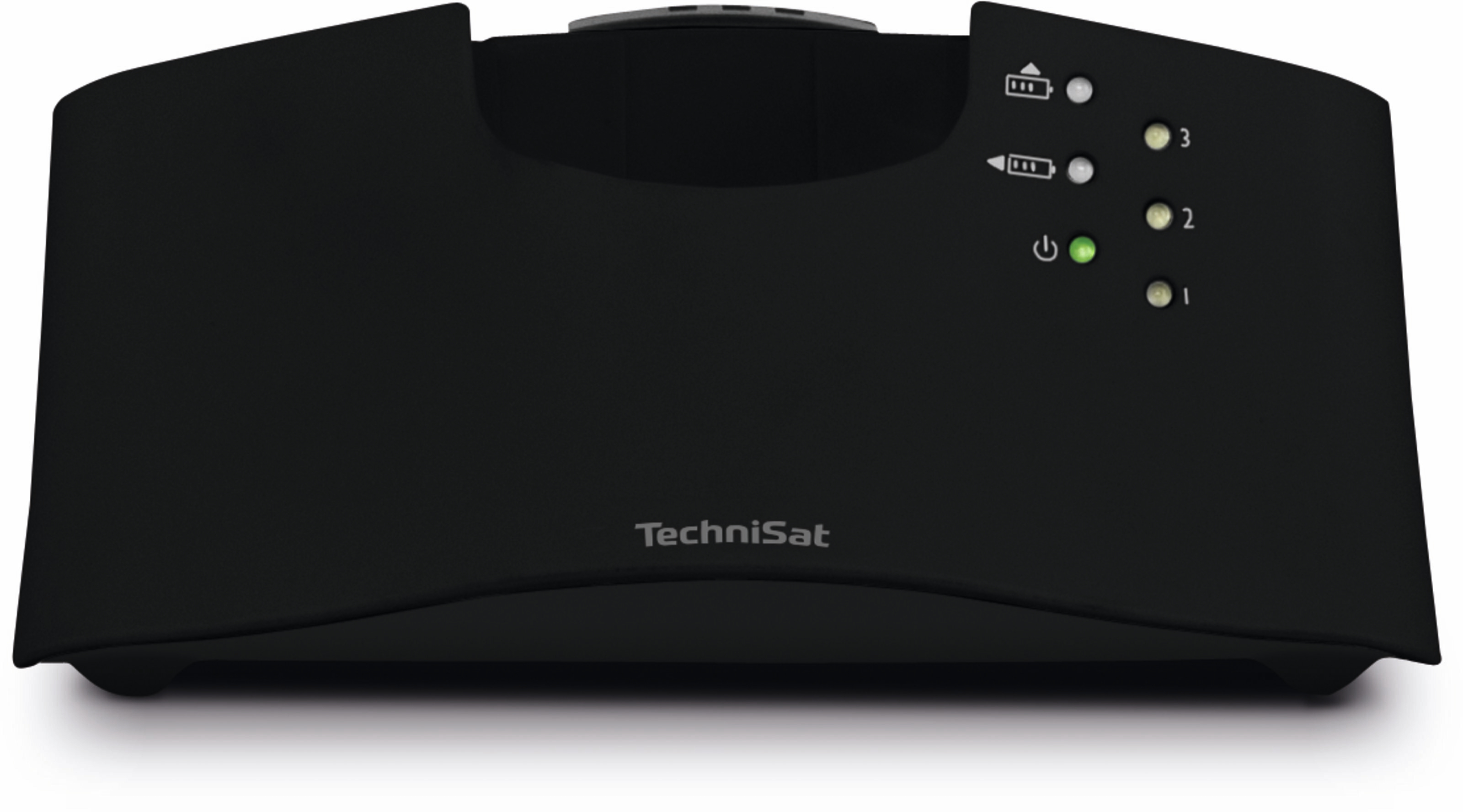 Czarne urządzenie TechniSat z zielonymi, pomarańczowymi i czerwonymi wskaźnikami.