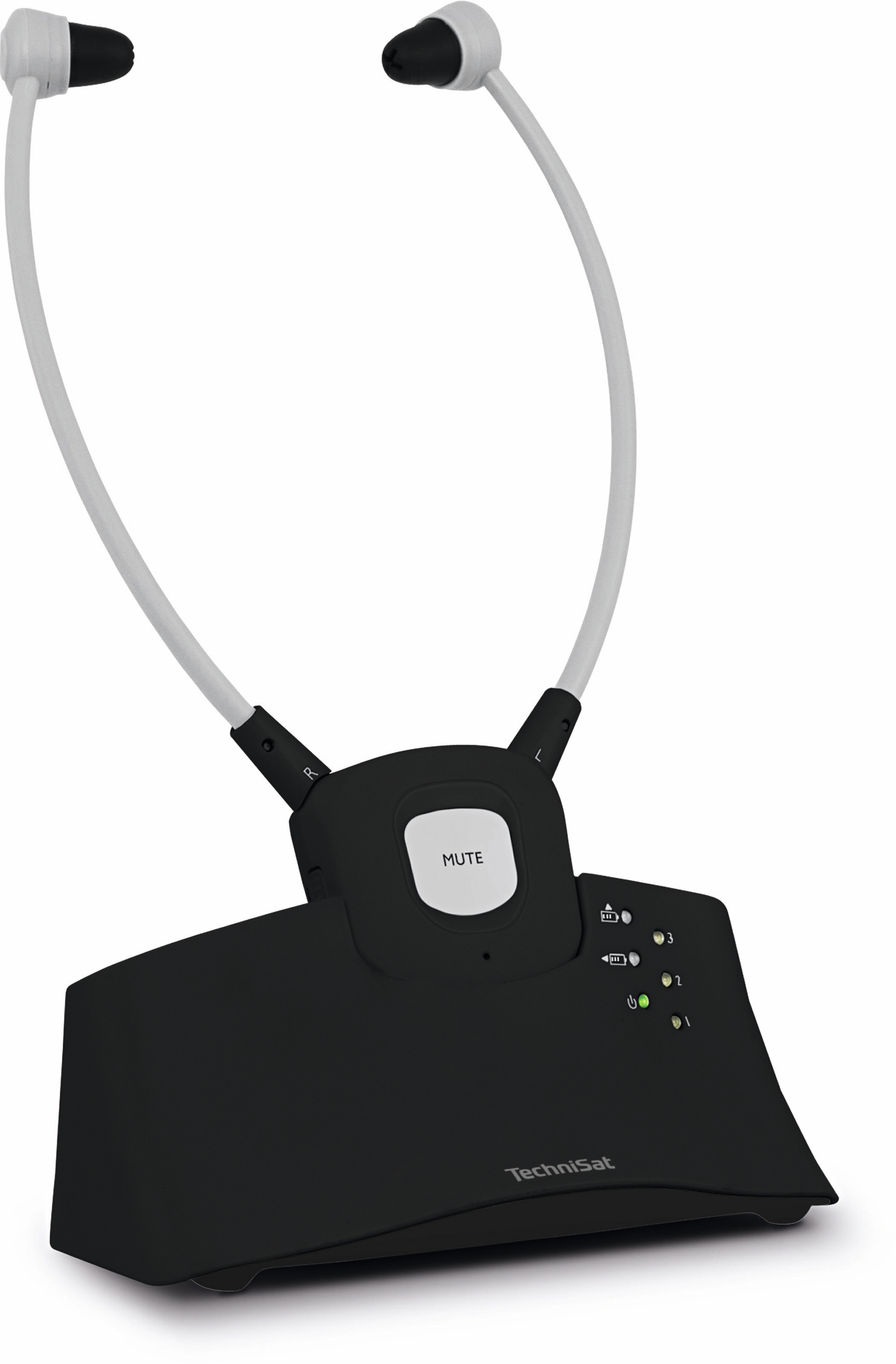 Czarne słuchawki TV TechniSat z jednostką bazową. Baza ma przyciski i wskaźniki. Białe tło.