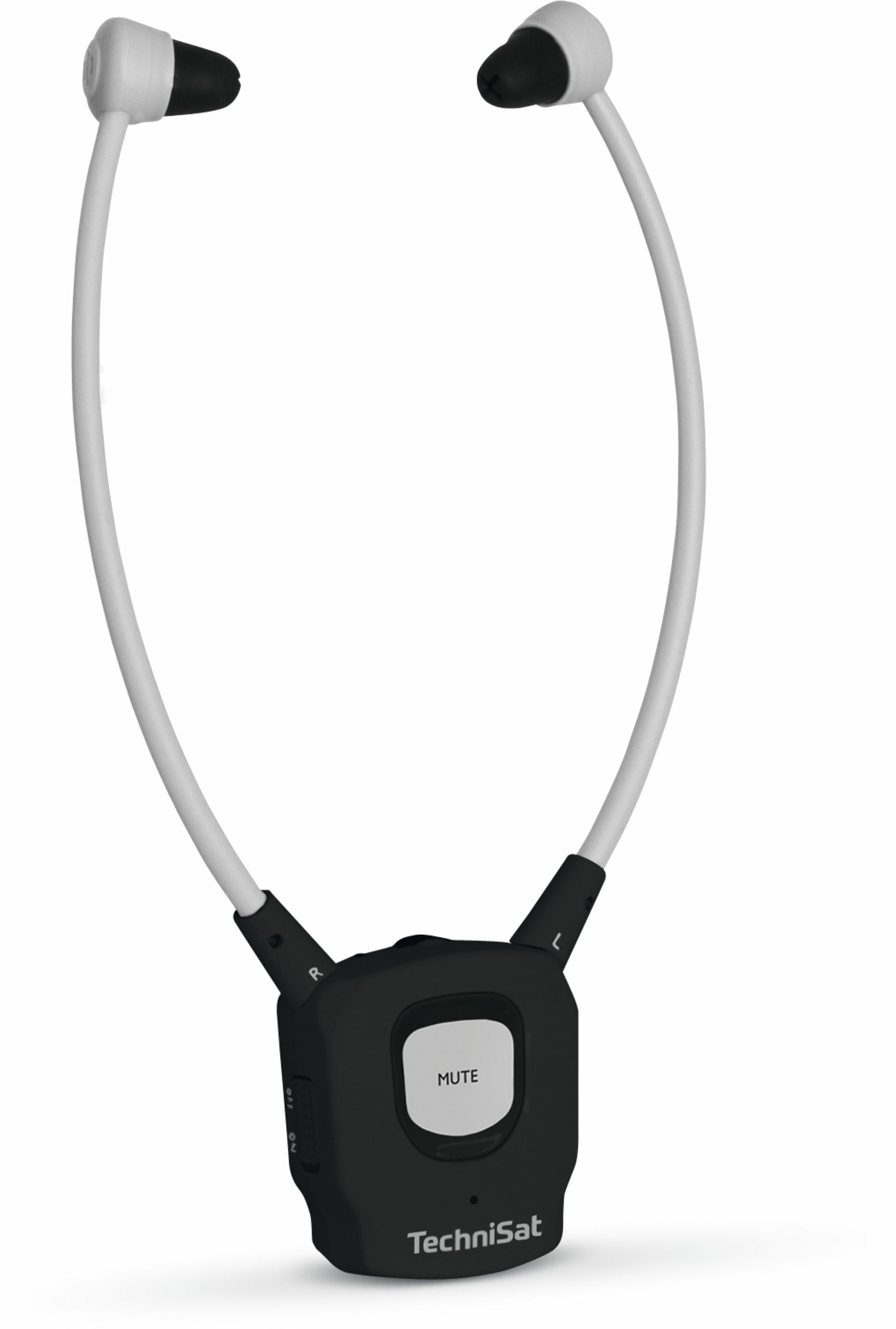 Czarno-białe słuchawki na szyję TechniSat. Panel sterowania ma 'Mute'.
