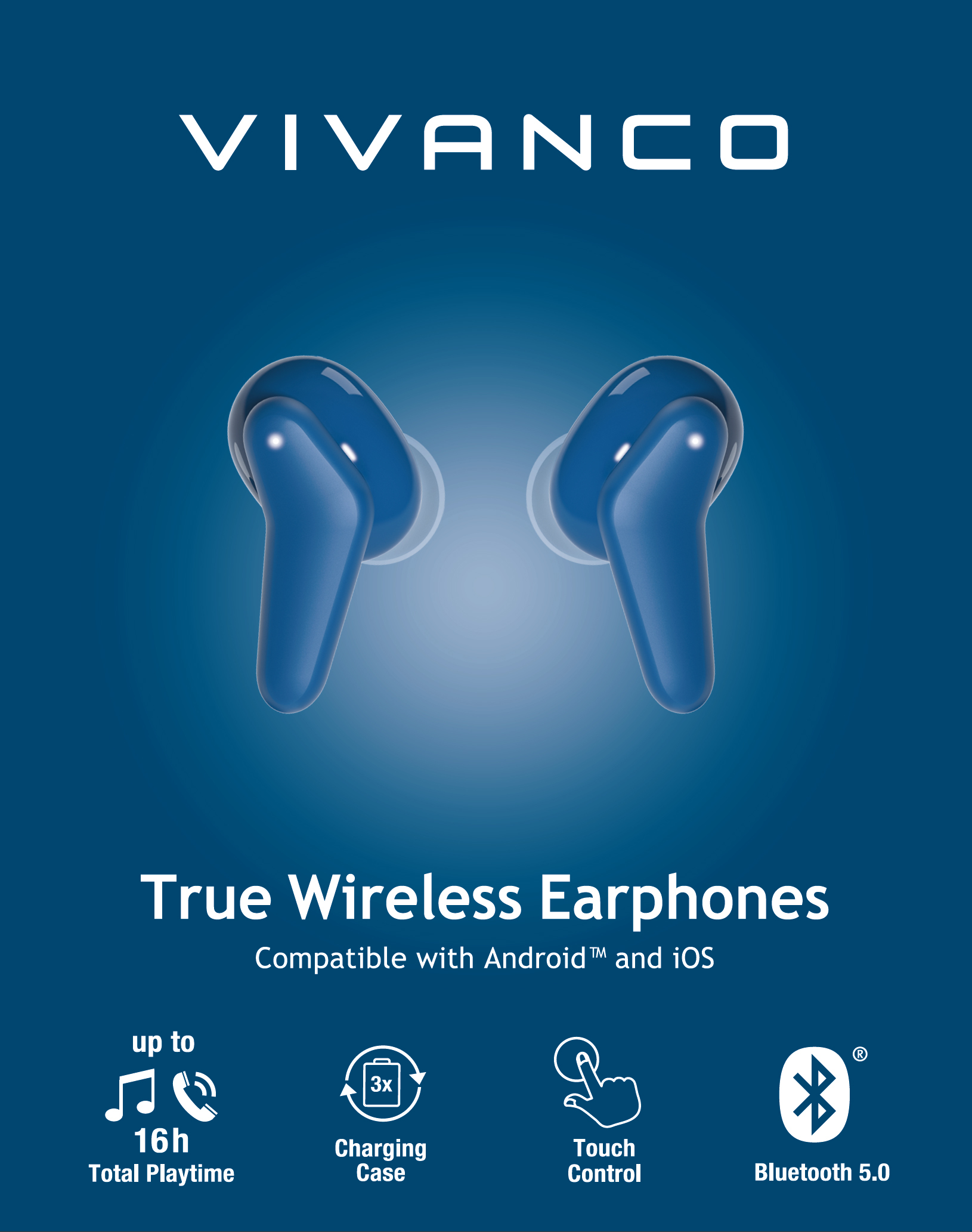 Niebieskie słuchawki Vivanco. Tekst brzmi 'True Wireless Earphones'. Poniżej znajdują się ikony i tekst.