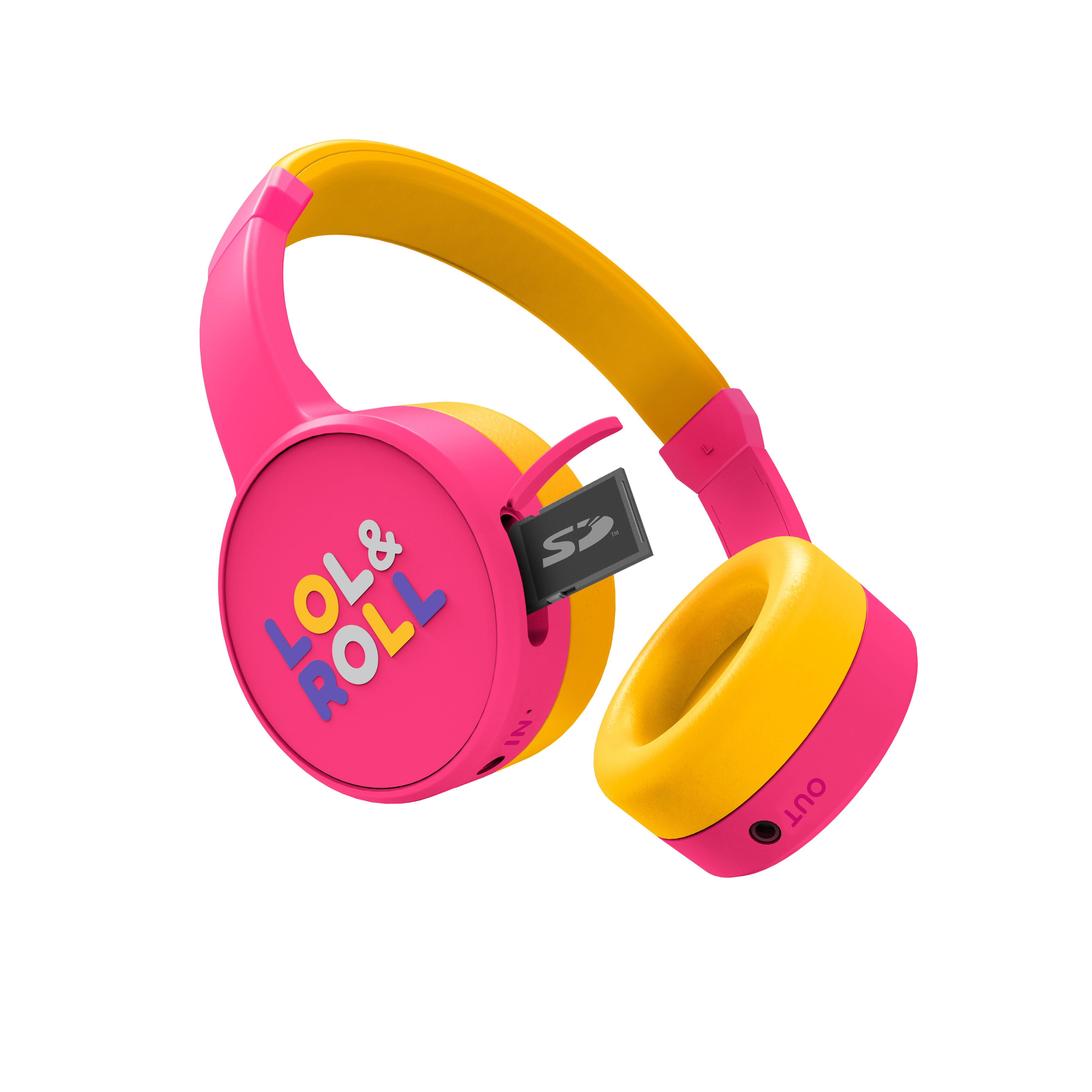 Cuffie rosa e gialle per bambini con slot per schede SD e testo colorato su sfondo bianco.