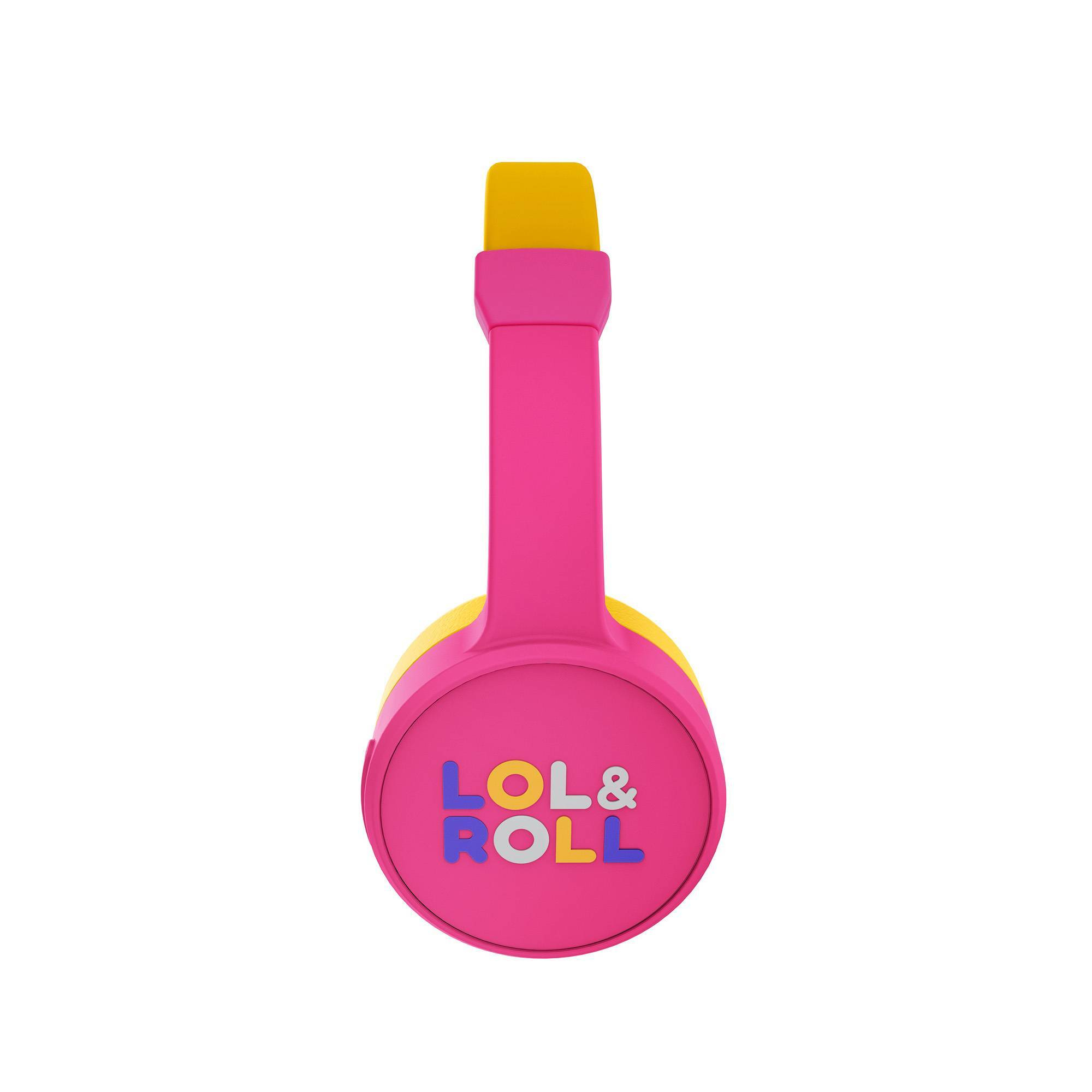 Cuffie rosa e gialle. Le parole "LOL & ROLL" sono su un orecchio.
