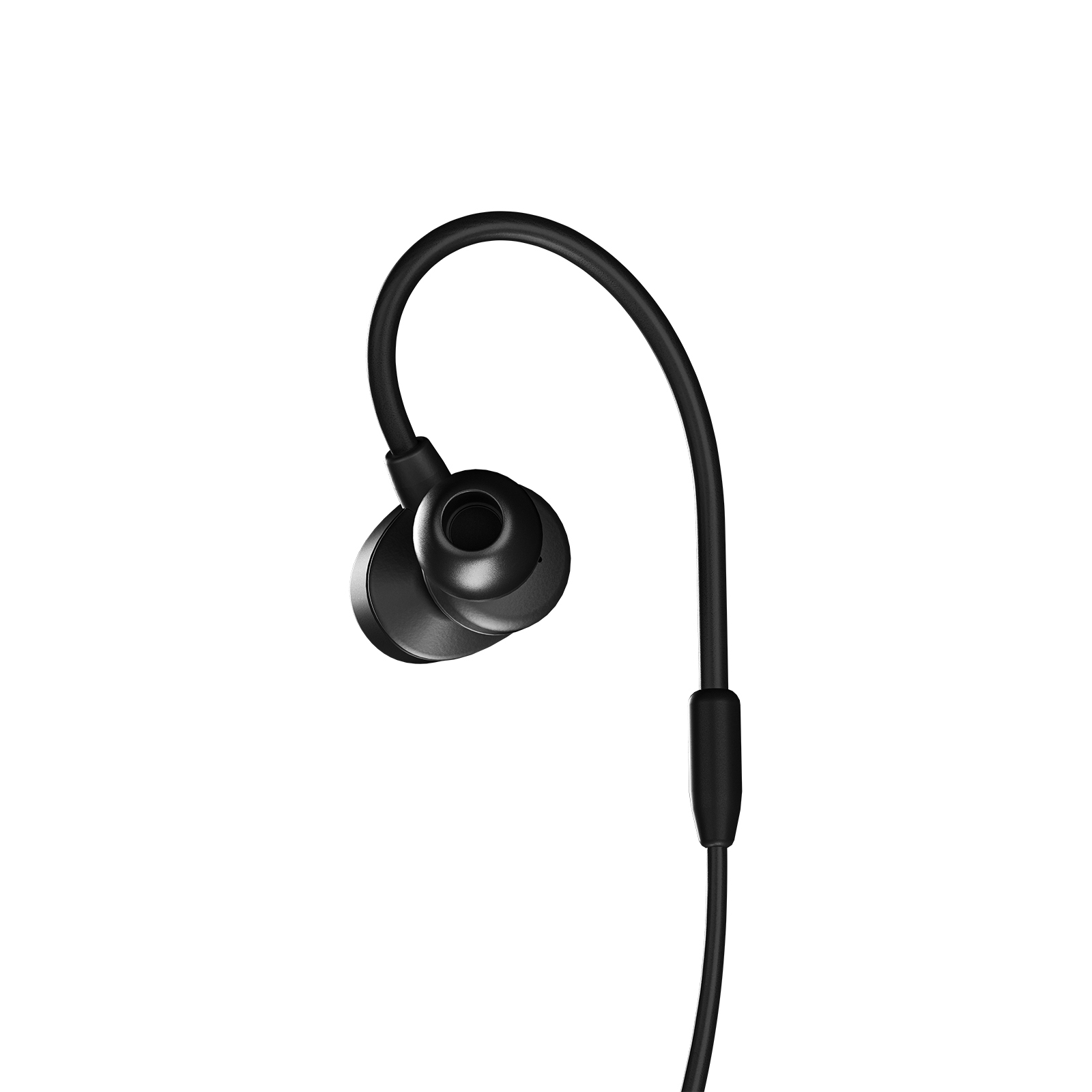 Schwarzer In-Ear-Kopfhörer mit gebogenem Kabel, isoliert auf weißem Hintergrund.