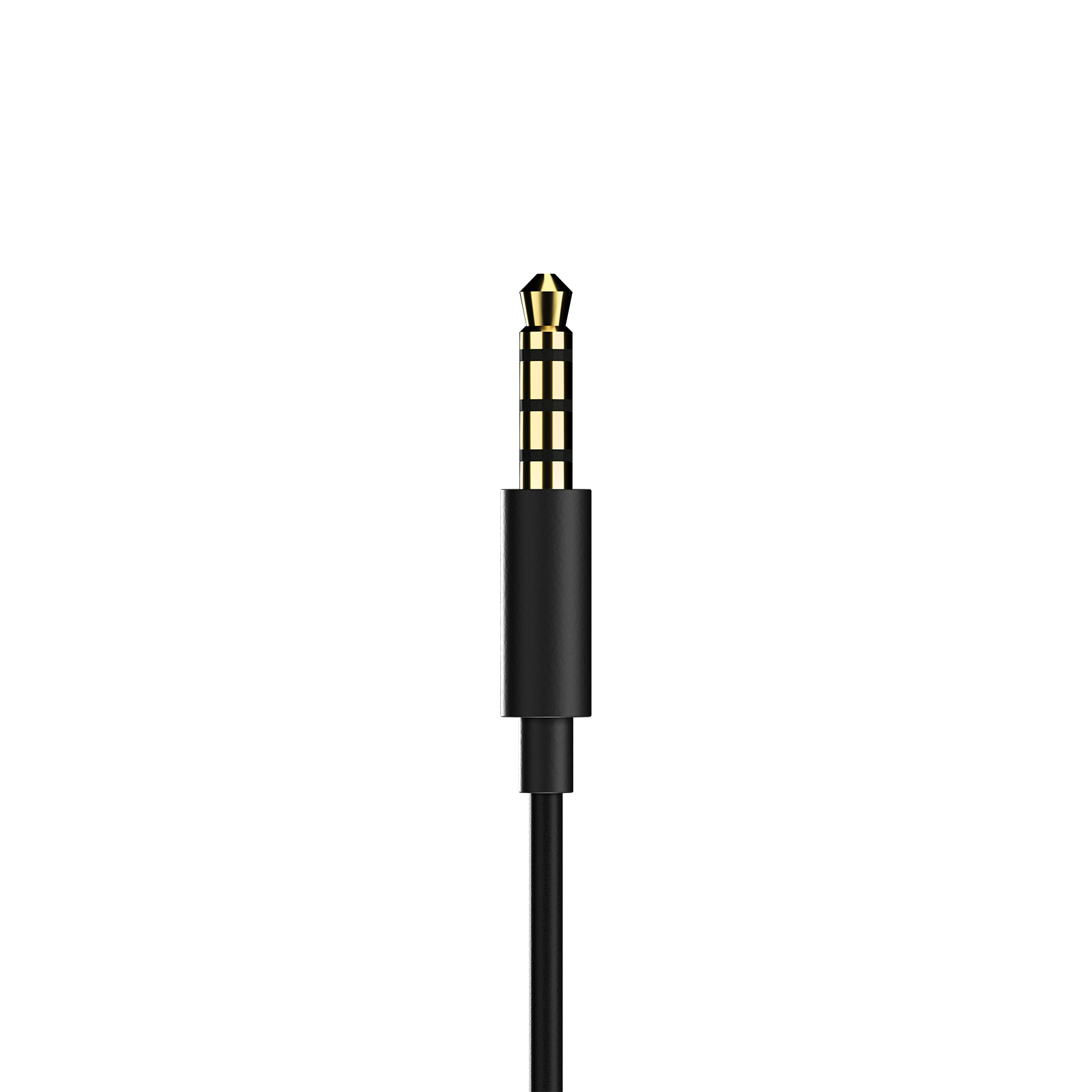 Nahaufnahme eines vergoldeten 3,5-mm-Audio-Klinkensteckers mit schwarzem Kabel.