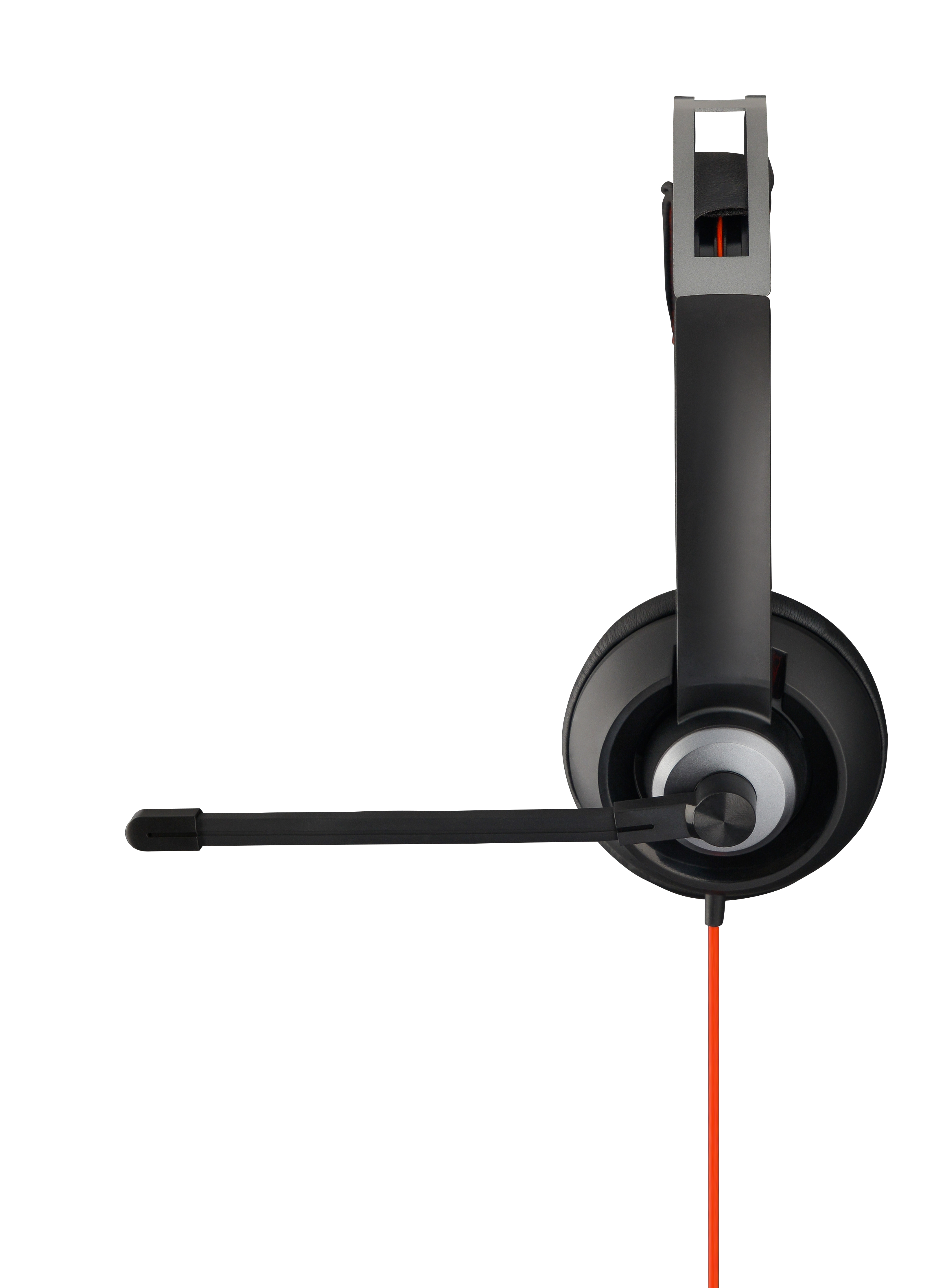 Czarny zestaw słuchawkowy z mikrofonem na białym tle. Kabel jest pomarańczowy.