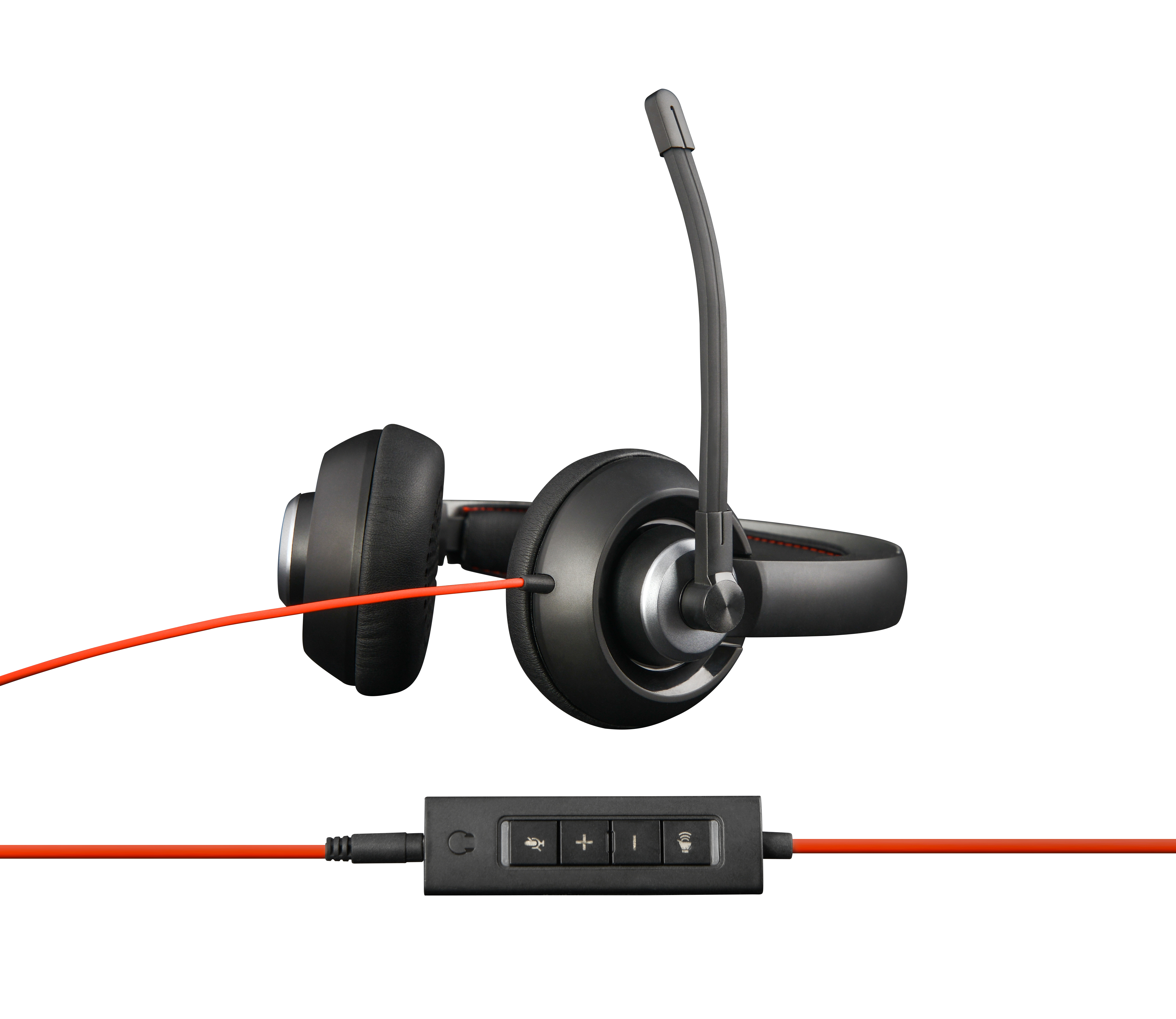 Czarny zestaw słuchawkowy z mikrofonem, czerwonym kablem i jednostką sterującą.