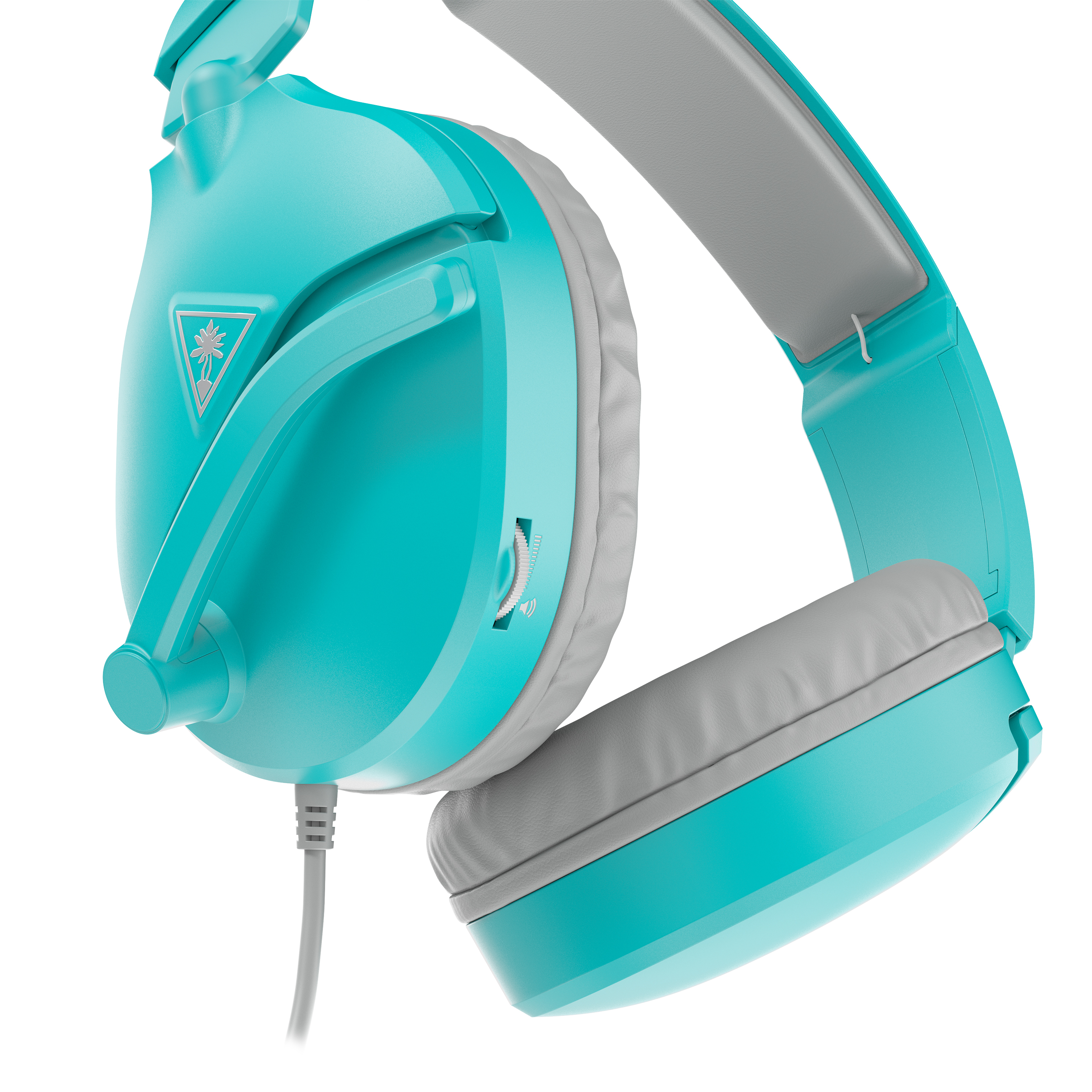 Auriculares para juegos turquesa y grises con micrófono y control de volumen, fondo blanco.