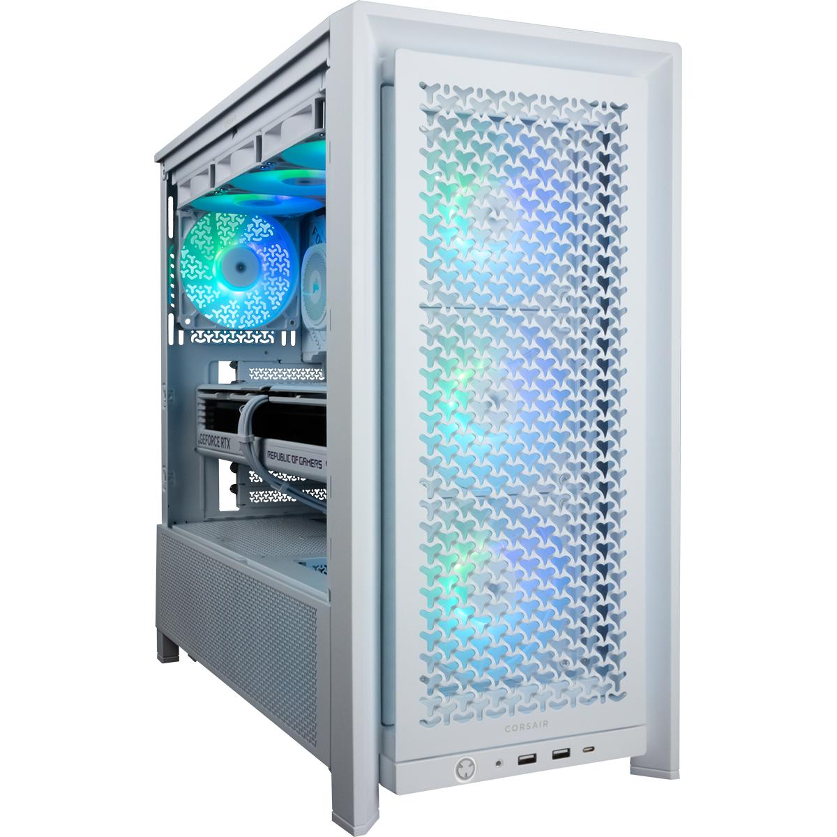 Weißes Computergehäuse mit Mesh-Front und -Seite. Innen befinden sich Lüfter und Komponenten.