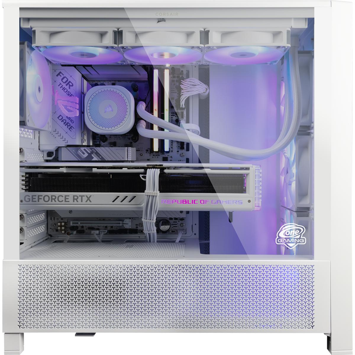 Weißes Computergehäuse mit sichtbaren Komponenten: Lüfter, GPU und andere Hardware, sichtbar durch Glas.