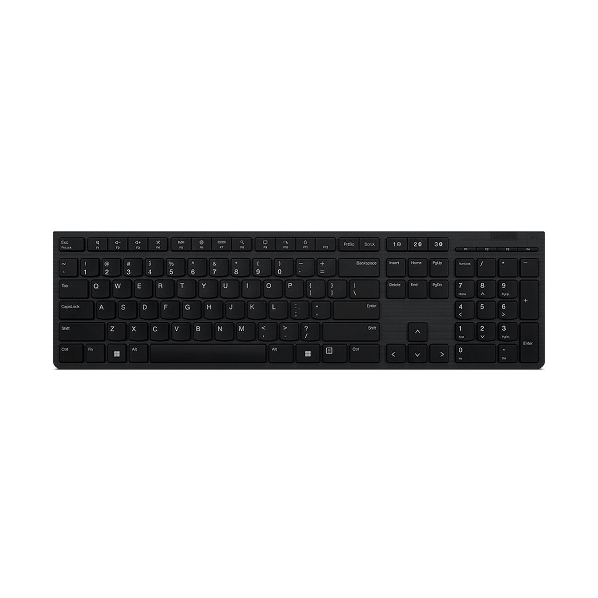 Teclado negro sobre fondo blanco. El teclado tiene teclas y letras blancas.