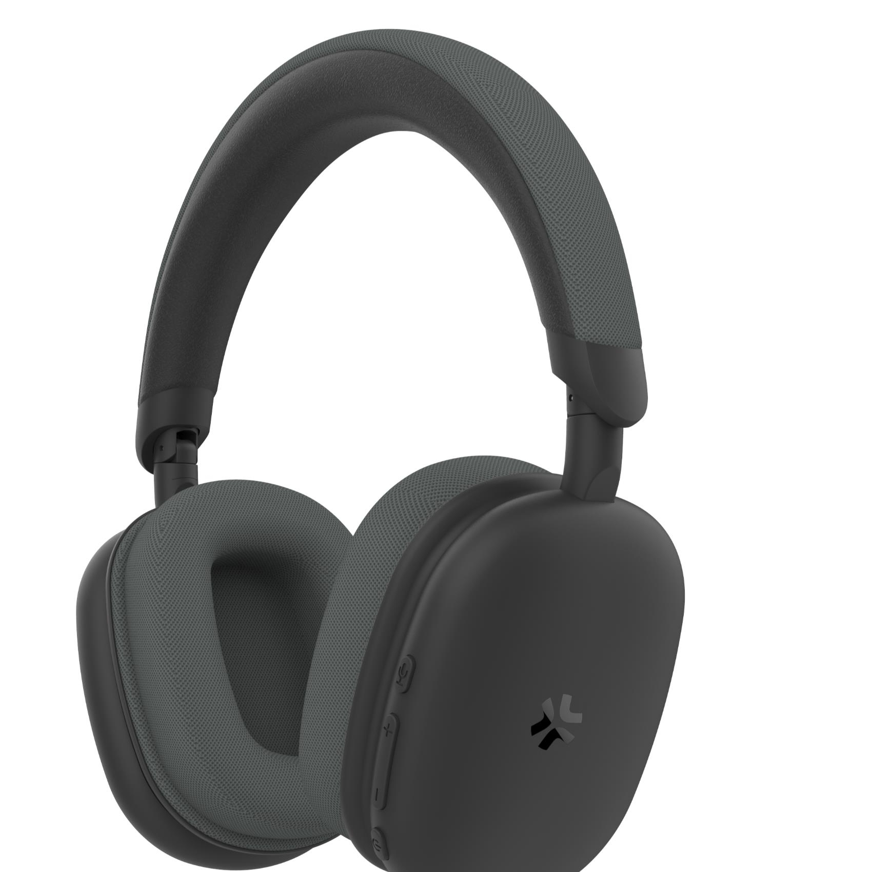 Cuffie over-ear grigio scuro. I padiglioni sono grandi e imbottiti con un aspetto in tessuto.