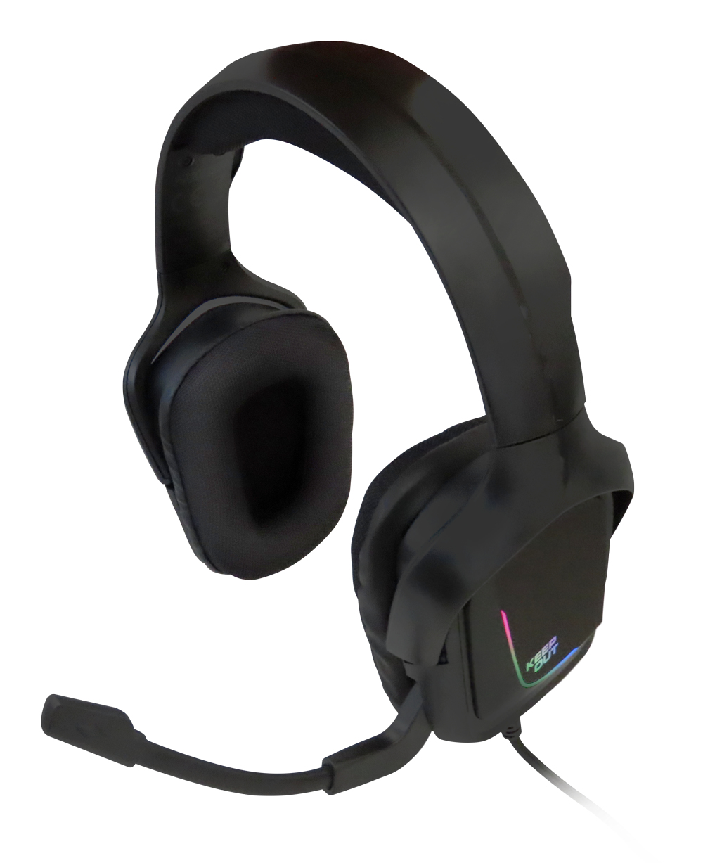 Auriculares negros con micrófono y luces brillantes, sobre fondo blanco. Marca 'Keep Out'.
