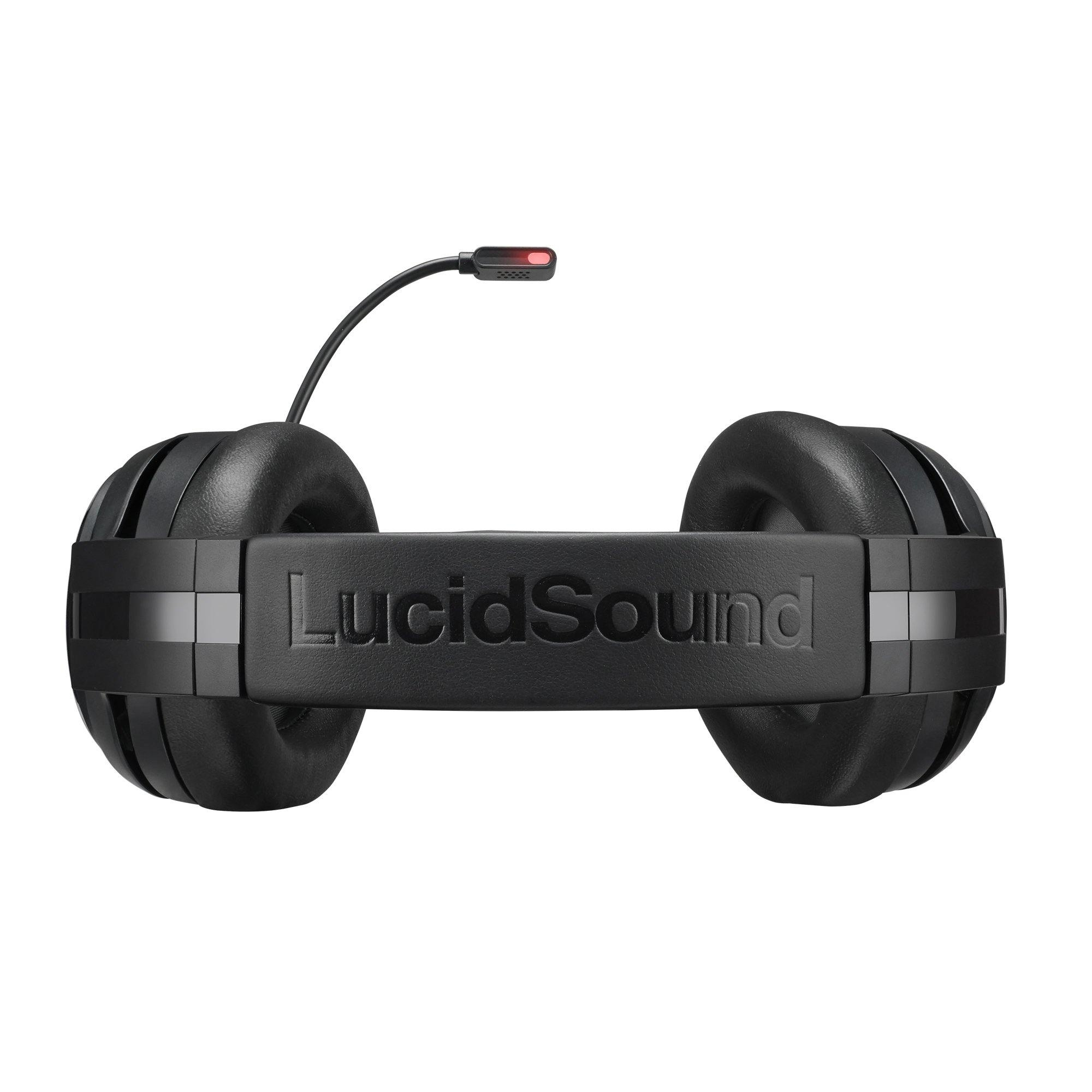 Cuffie nere con marchio LucidSound. Microfono collegato al padiglione sinistro. Sfondo bianco.