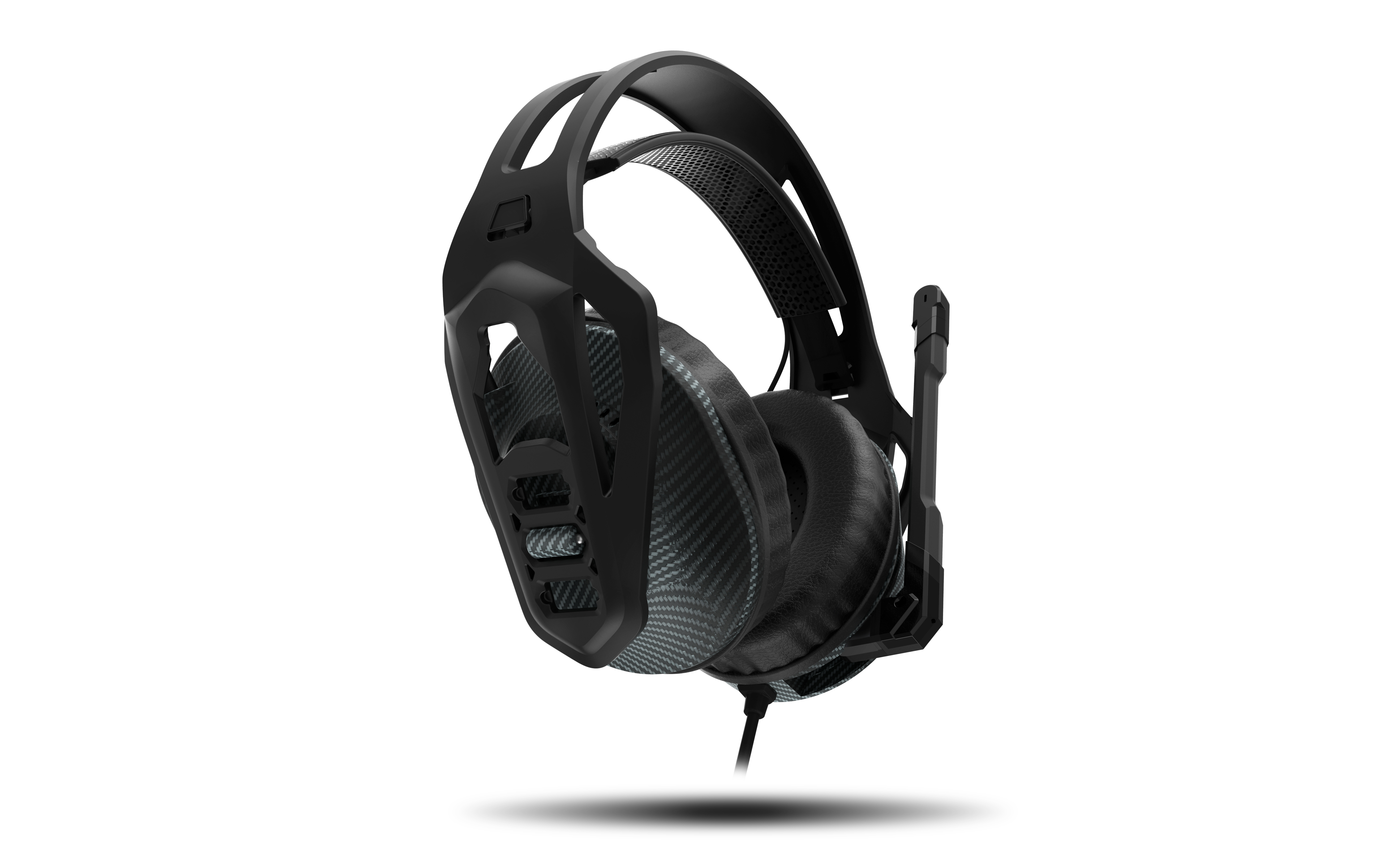 Schwarzes Gaming-Headset mit Mikrofon. Weißer Hintergrund.
