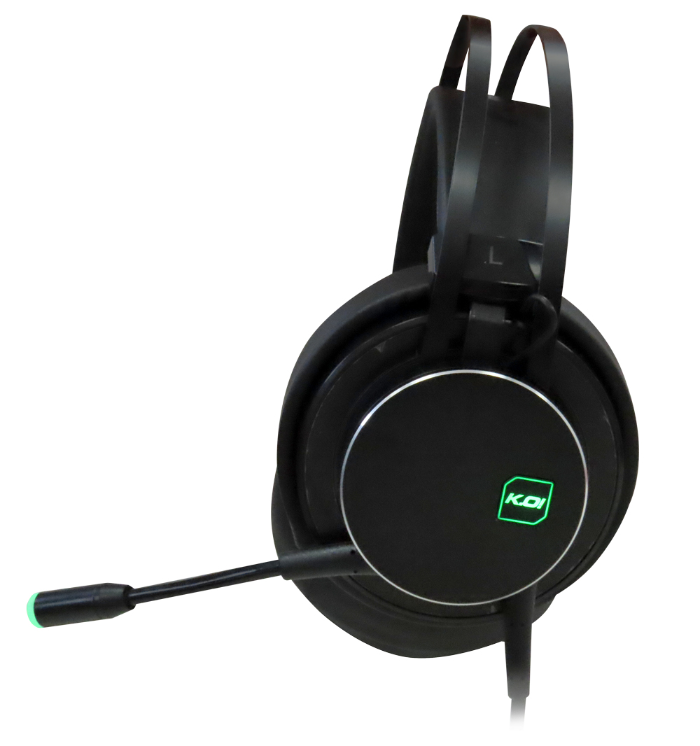 Auriculares negros con micrófono, fondo blanco.