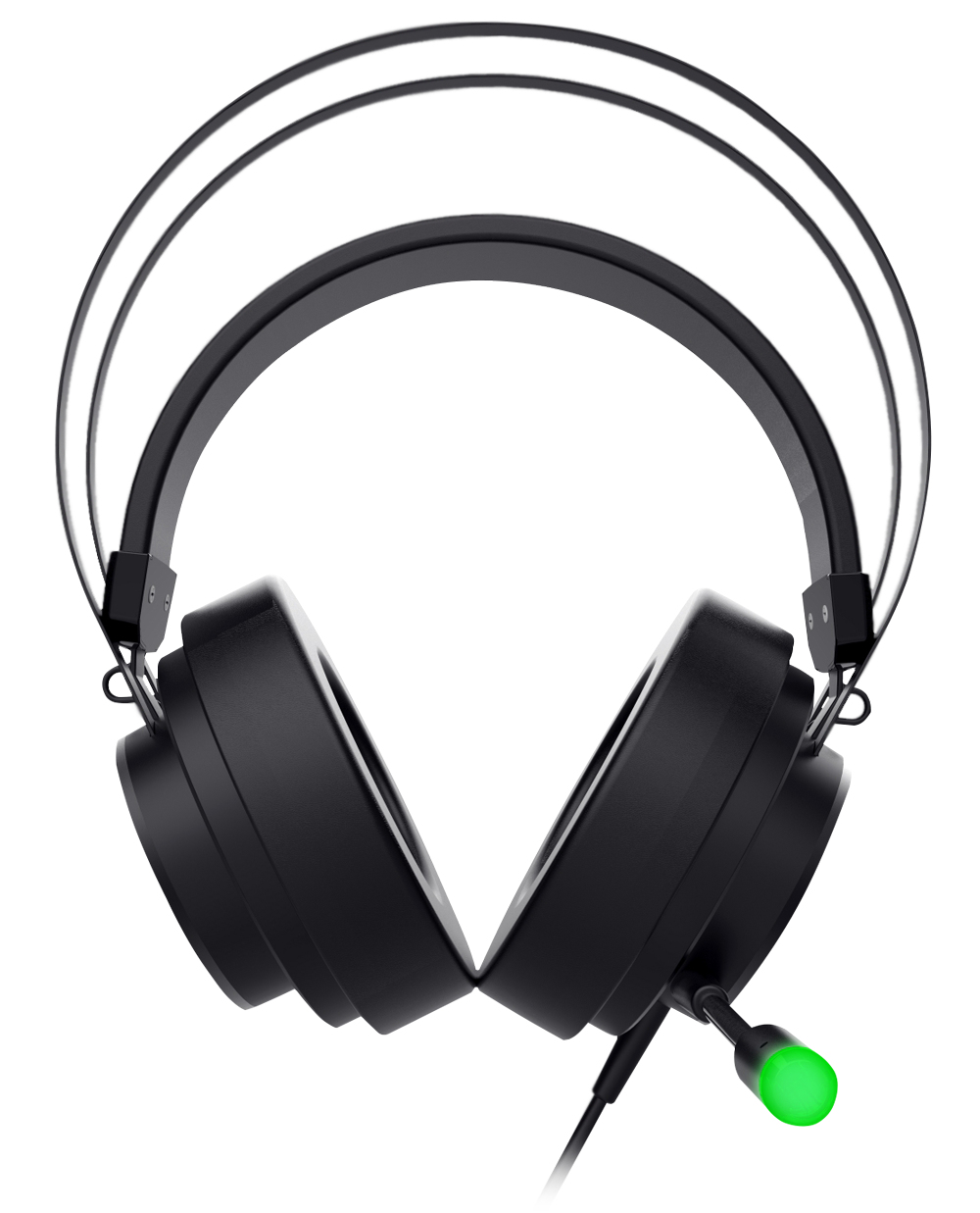 Auriculares negros con micrófono. El auricular tiene una luz verde en el micrófono.