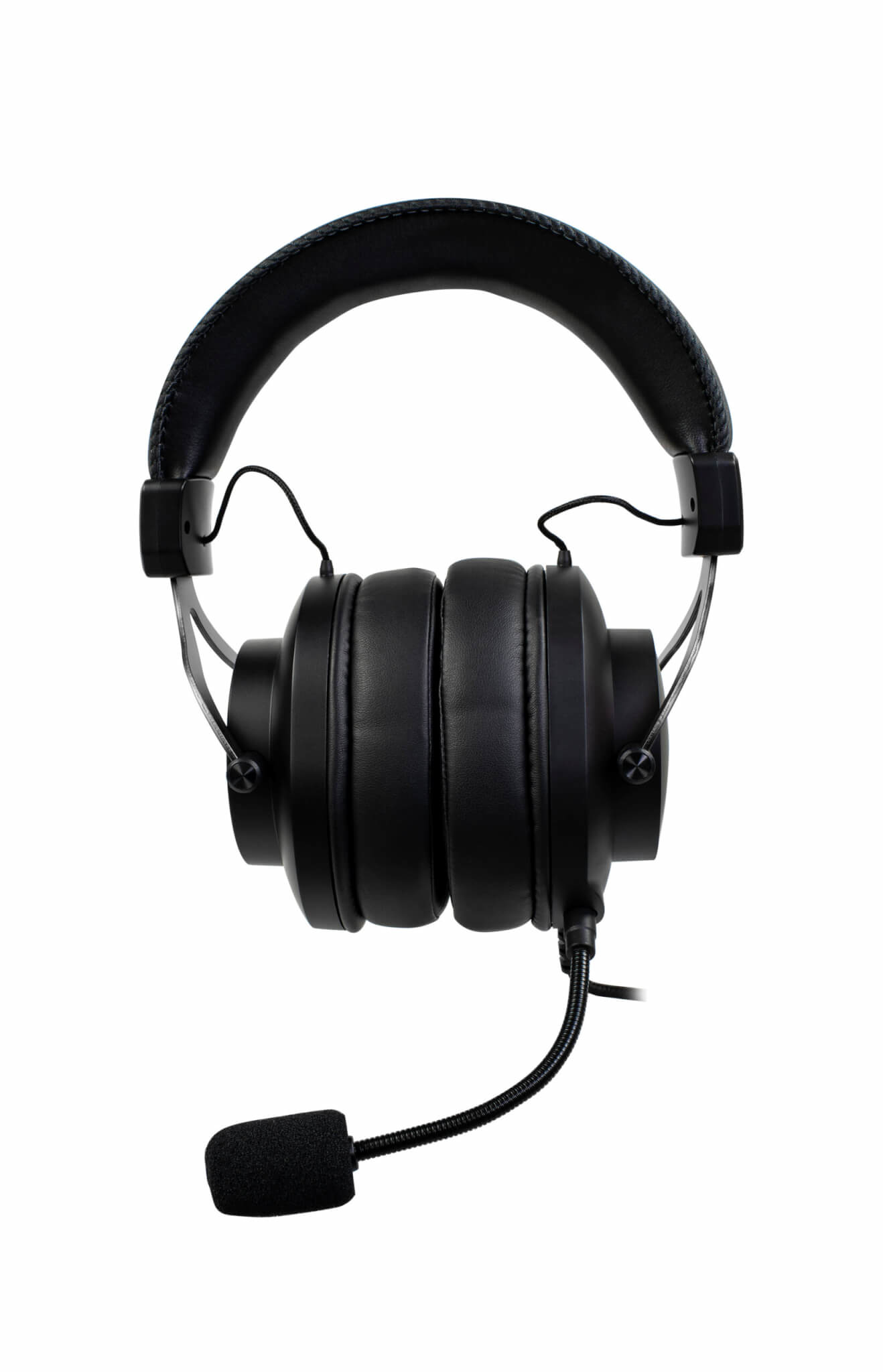 Zwarte headset met microfoon, op een witte achtergrond.