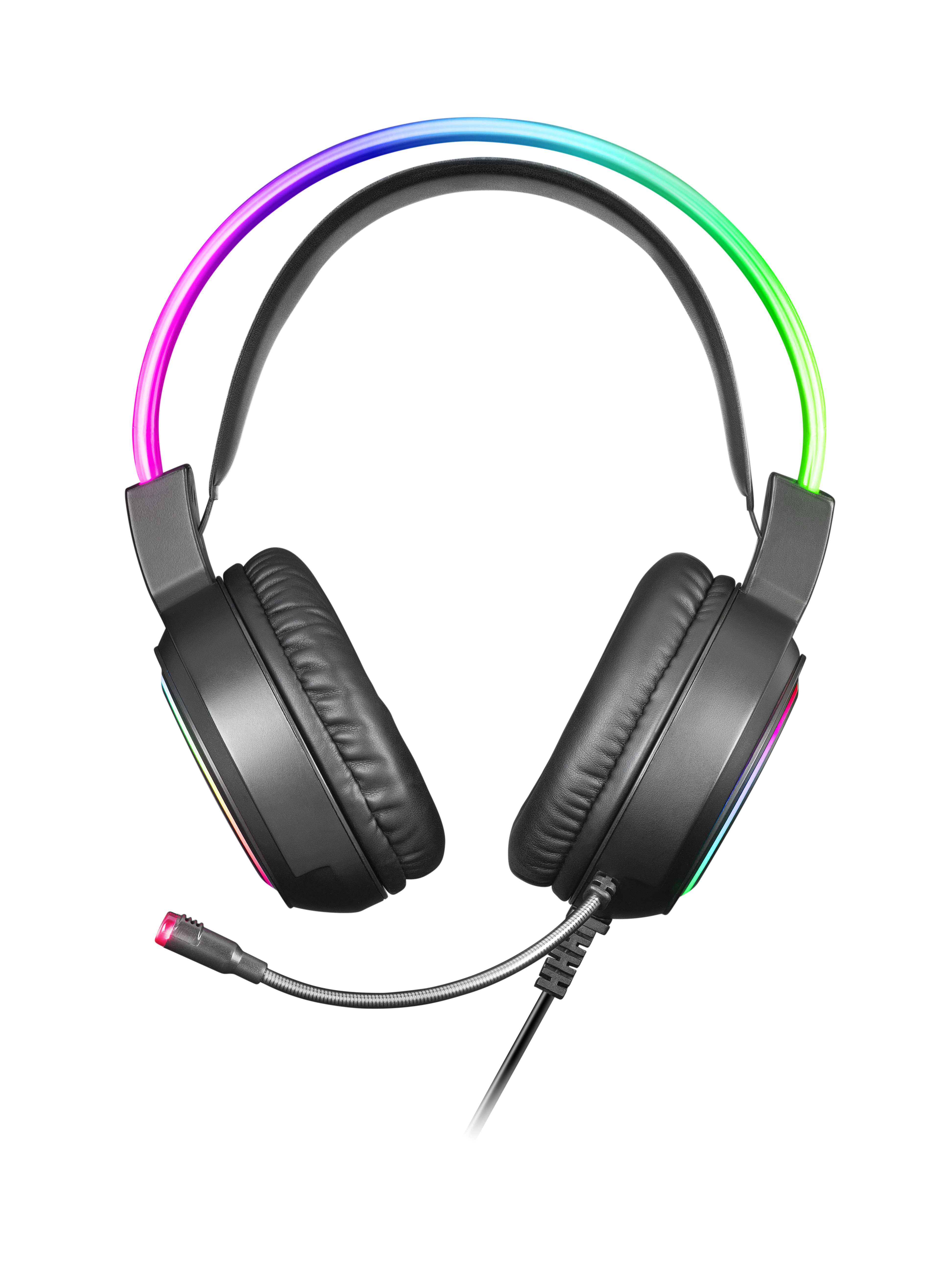 Cuffie da gioco nere con luci LED colorate, isolate su bianco.