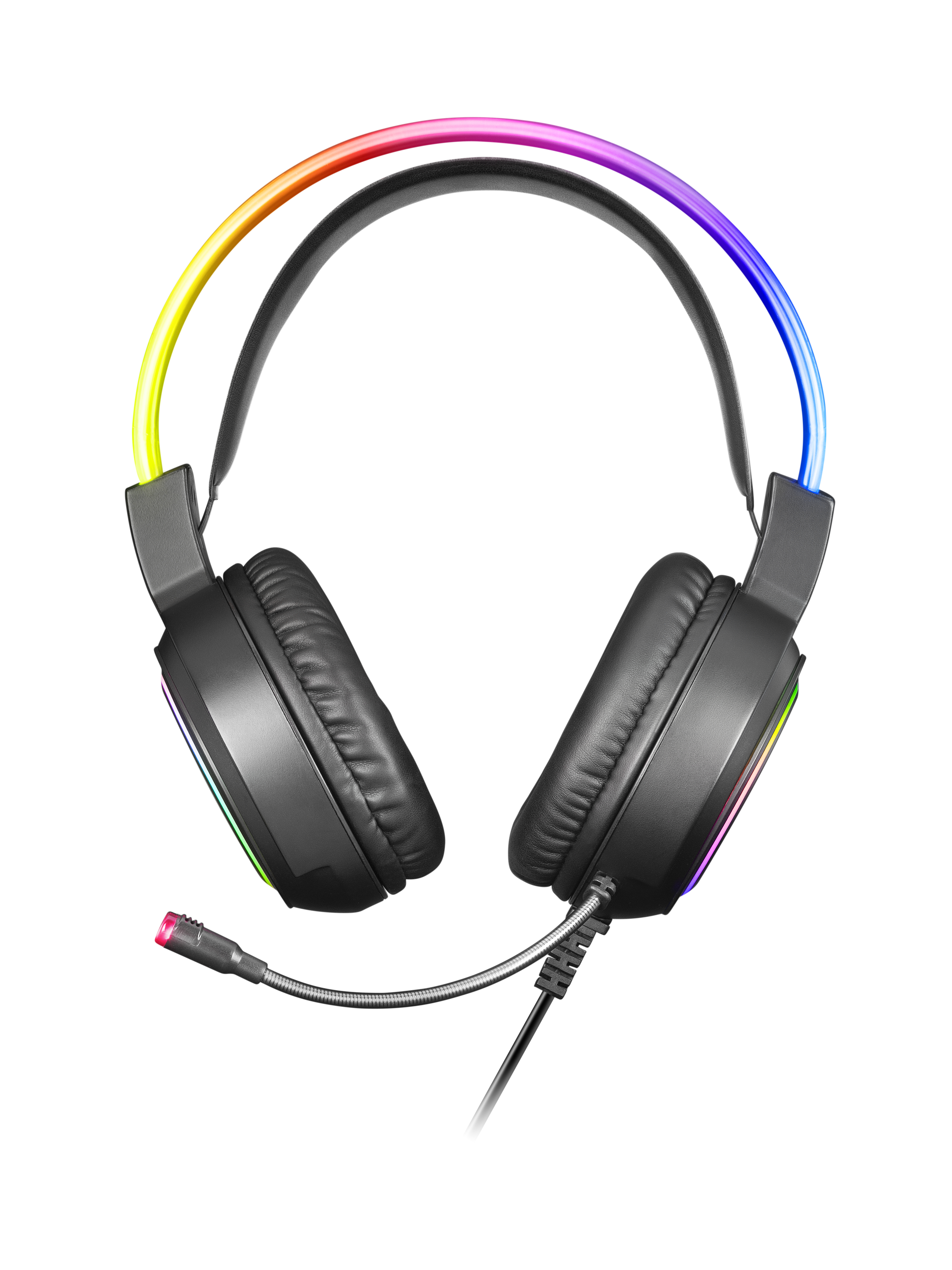 Cuffie da gaming nere con luci colorate, microfono, sfondo bianco.