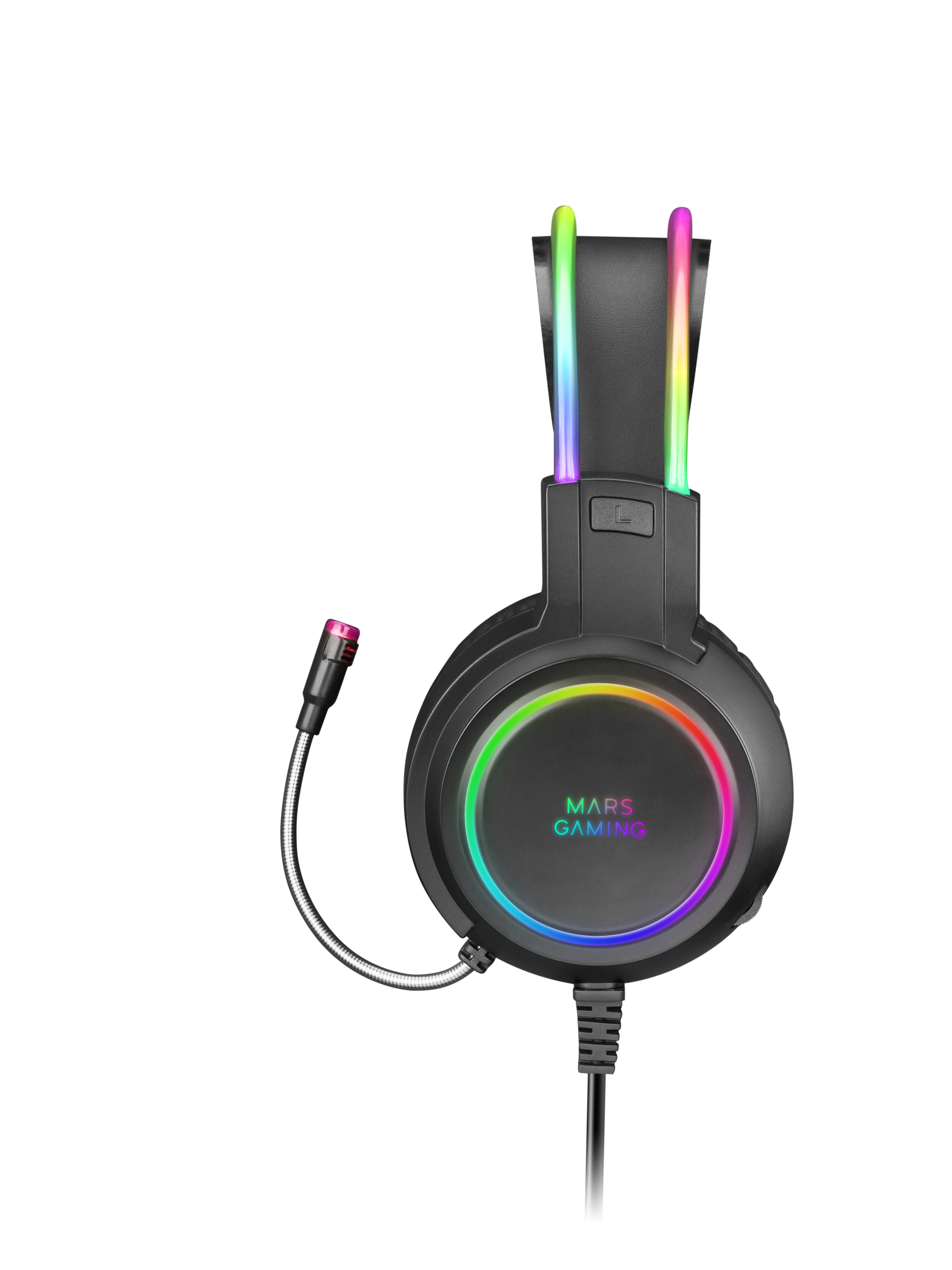 Cuffie da gioco nere con luce arcobaleno sul padiglione e microfono.