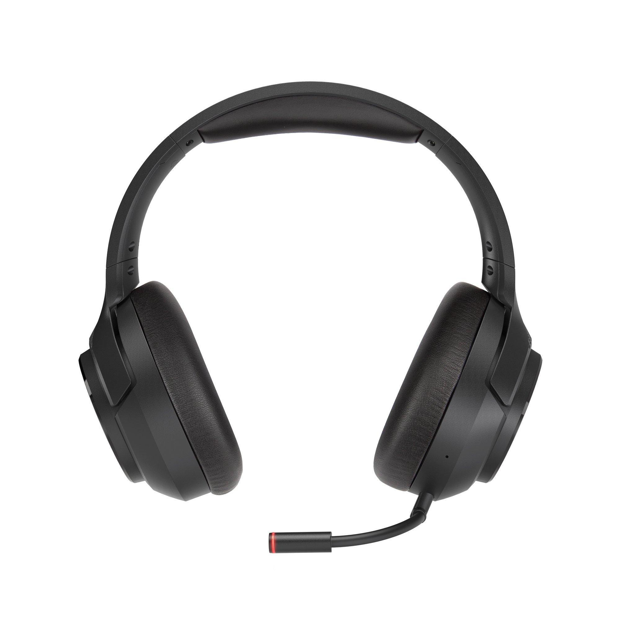 Auriculares negros con micrófono, vistos de frente, sobre fondo blanco.