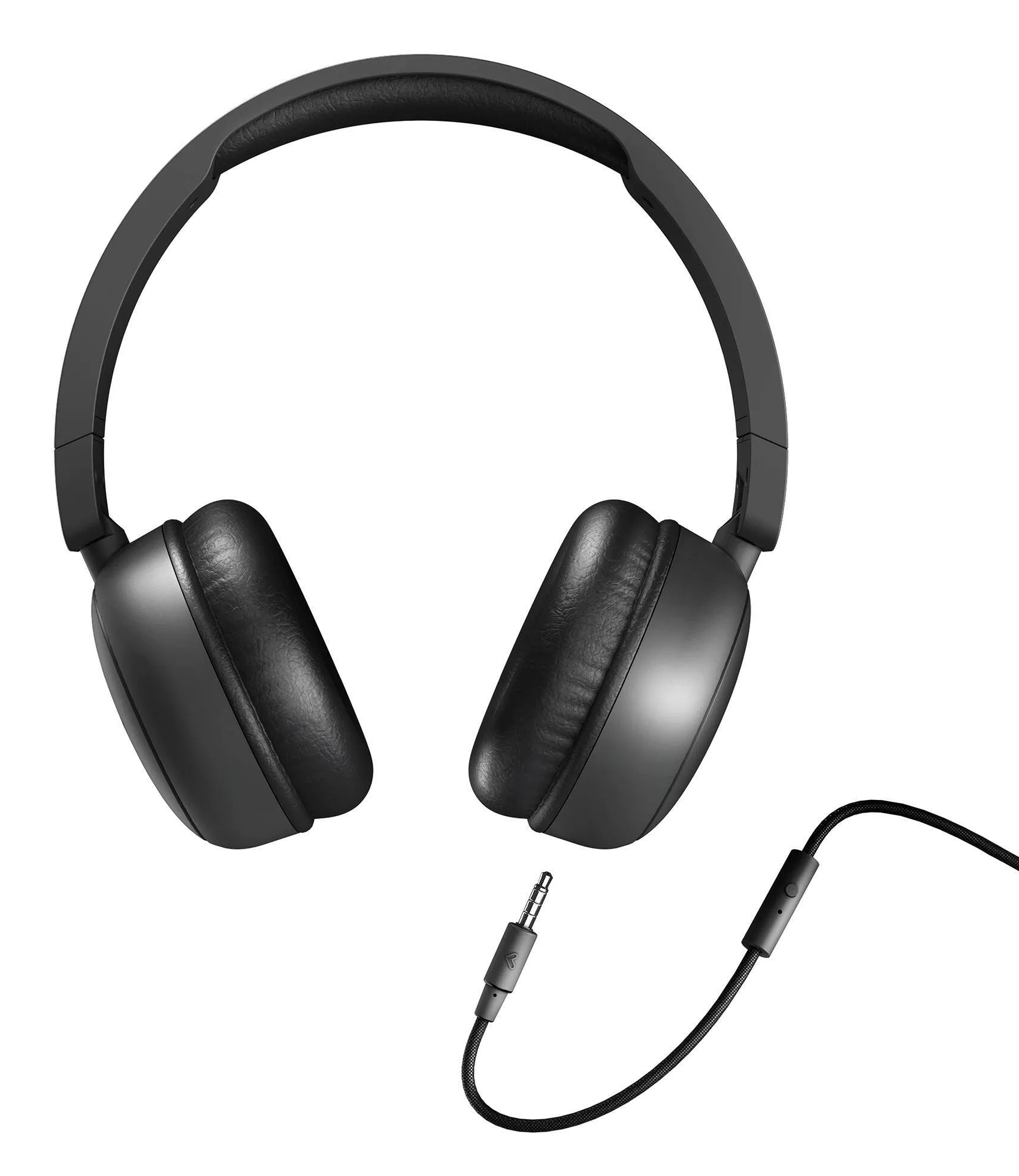 Cuffie nere con cavo e controllo in linea. I padiglioni sono neri con dettagli in pelle.