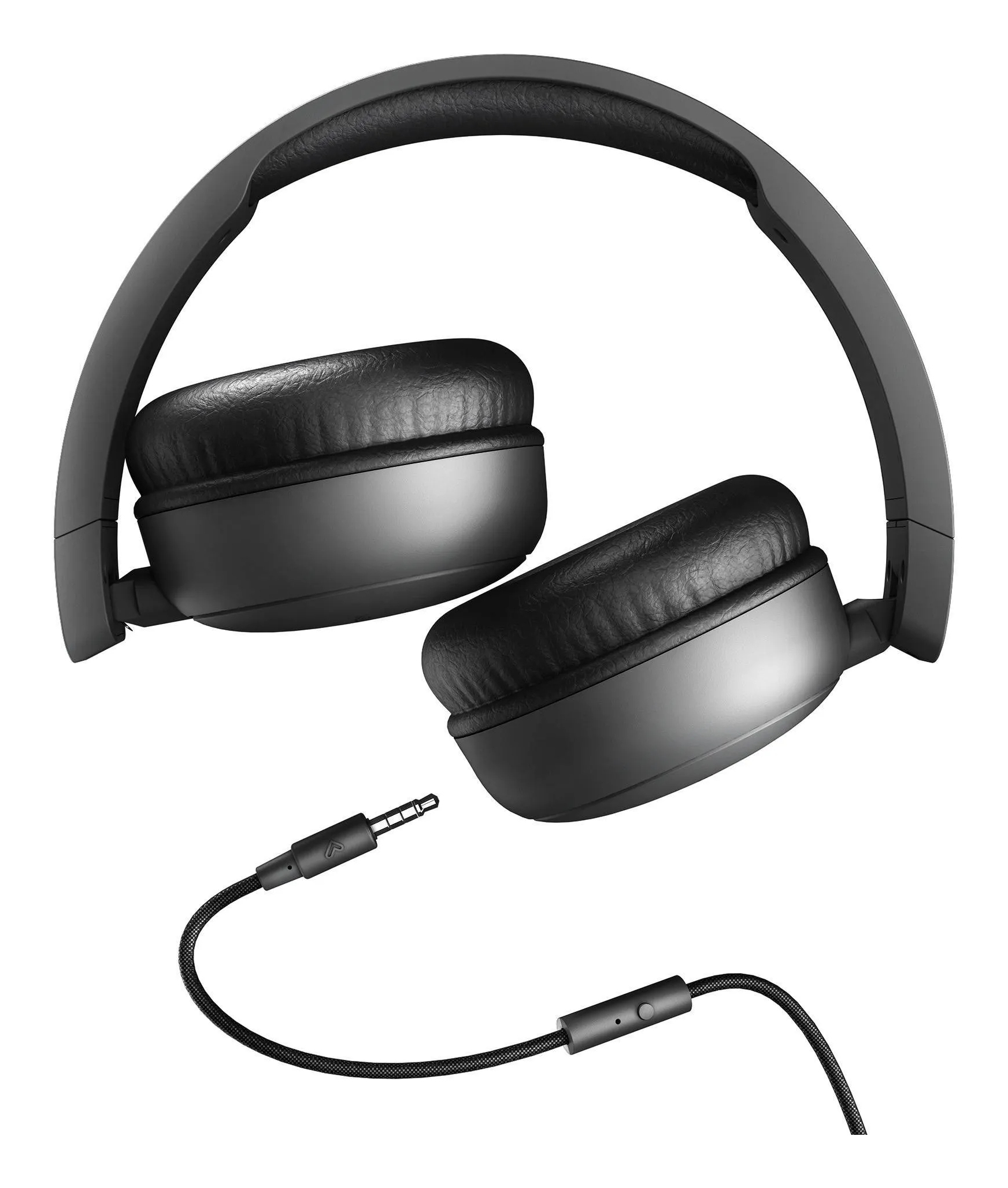 Le cuffie over-ear sono nere con cuscinetti neri e un cavo nero con jack da 3,5 mm.