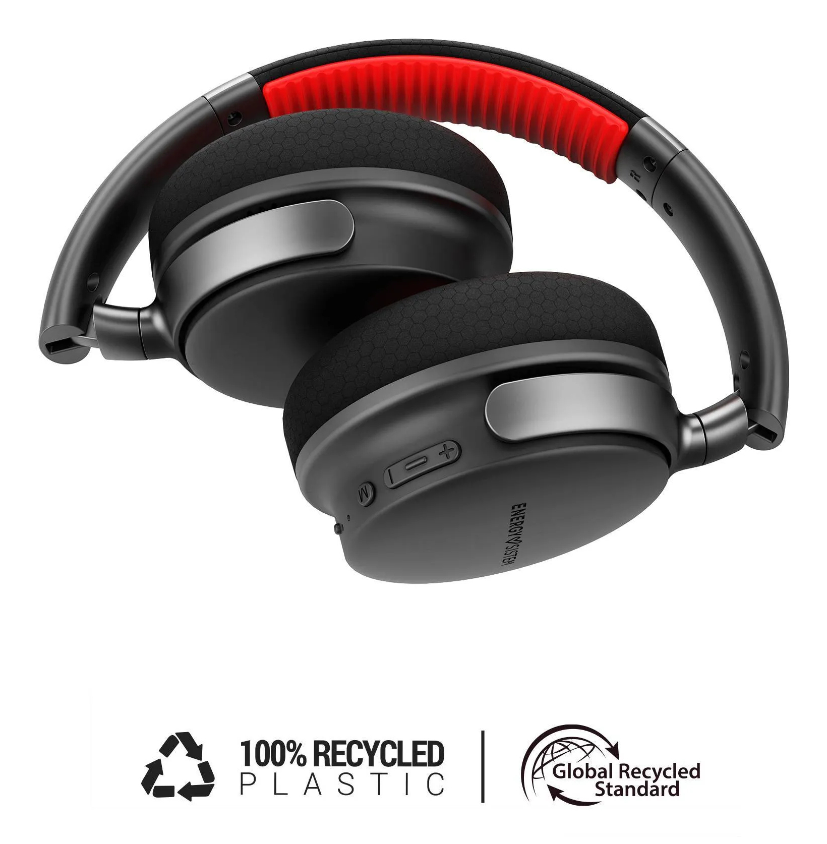 Złożone czarne słuchawki z czerwoną wyściółką na pałąku.