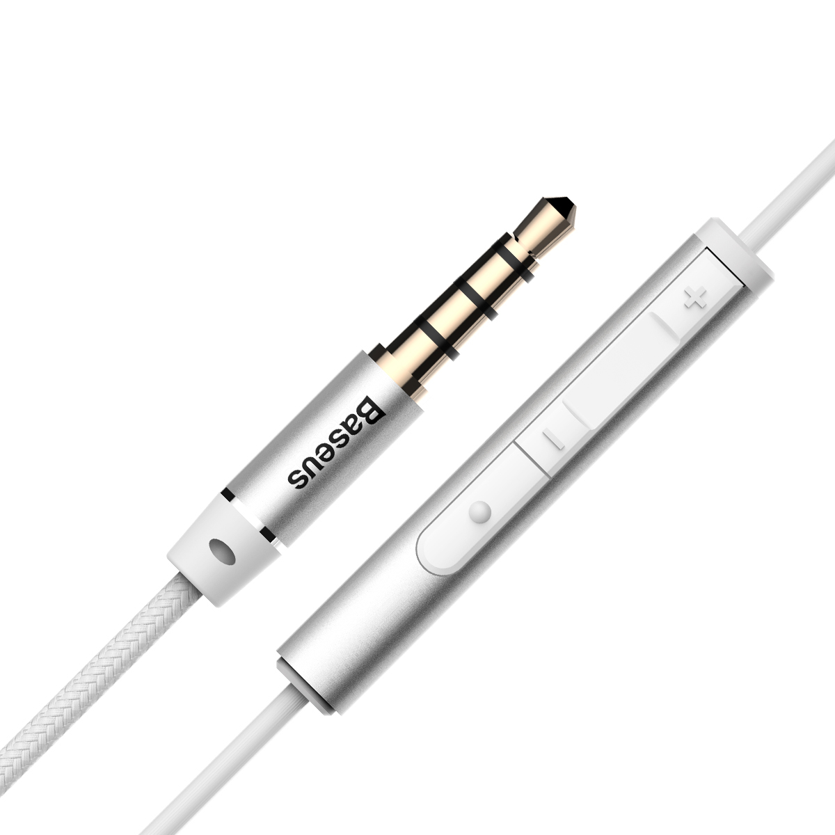 Un cavo audio bianco e argento. Ha un connettore e un controllo del volume.