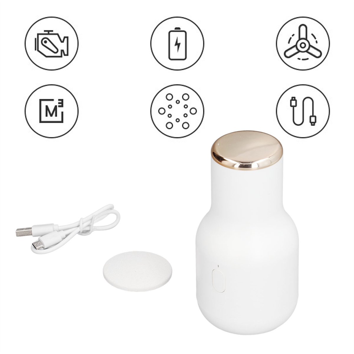 Weißes Gesichtsmassagegerät mit goldenem Deckel, Icons, USB-Kabel und einer weißen Scheibe auf weißem Untergrund.