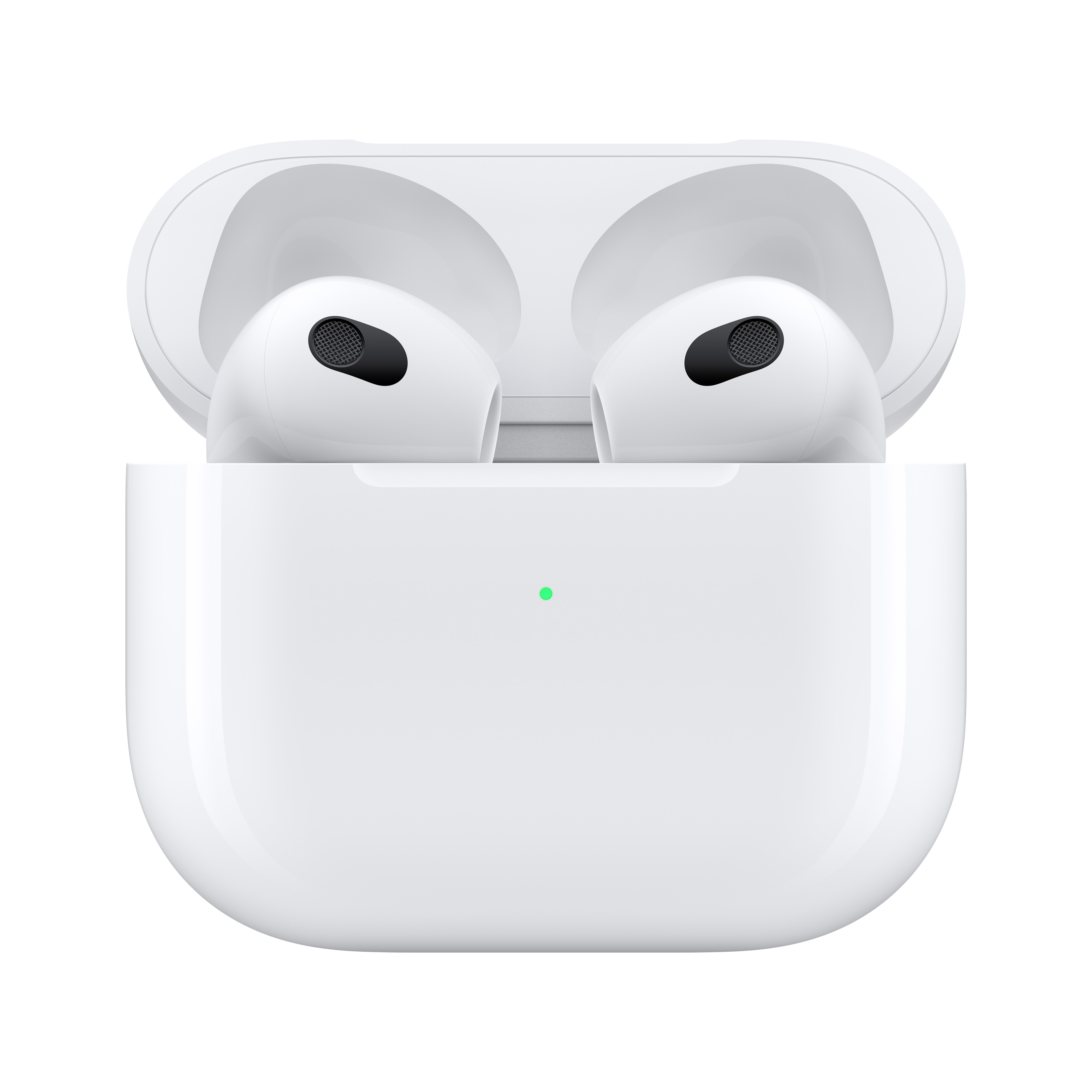 Białe słuchawki Apple AirPods w etui ładującym z zielonym światłem.