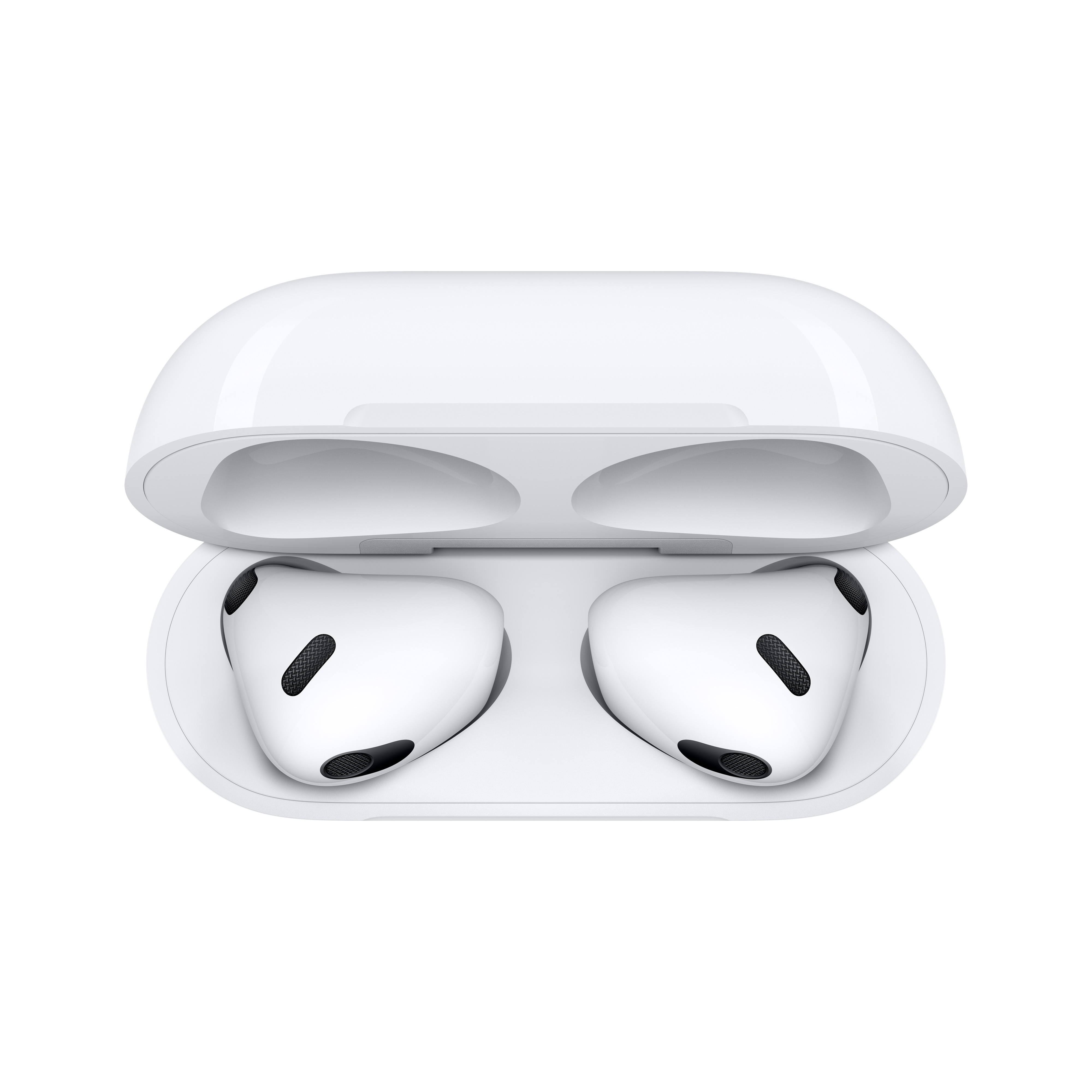 Białe AirPods w białym etui ładującym, otwarte, pokazujące słuchawki w środku.