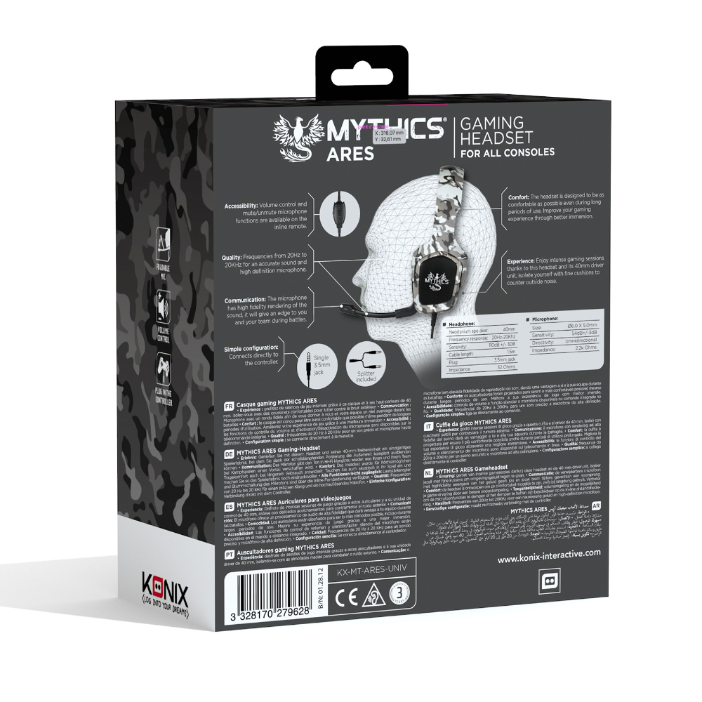 Pudełko zestawu słuchawkowego dla graczy z tekstem o funkcjach i zdjęciem słuchawek.