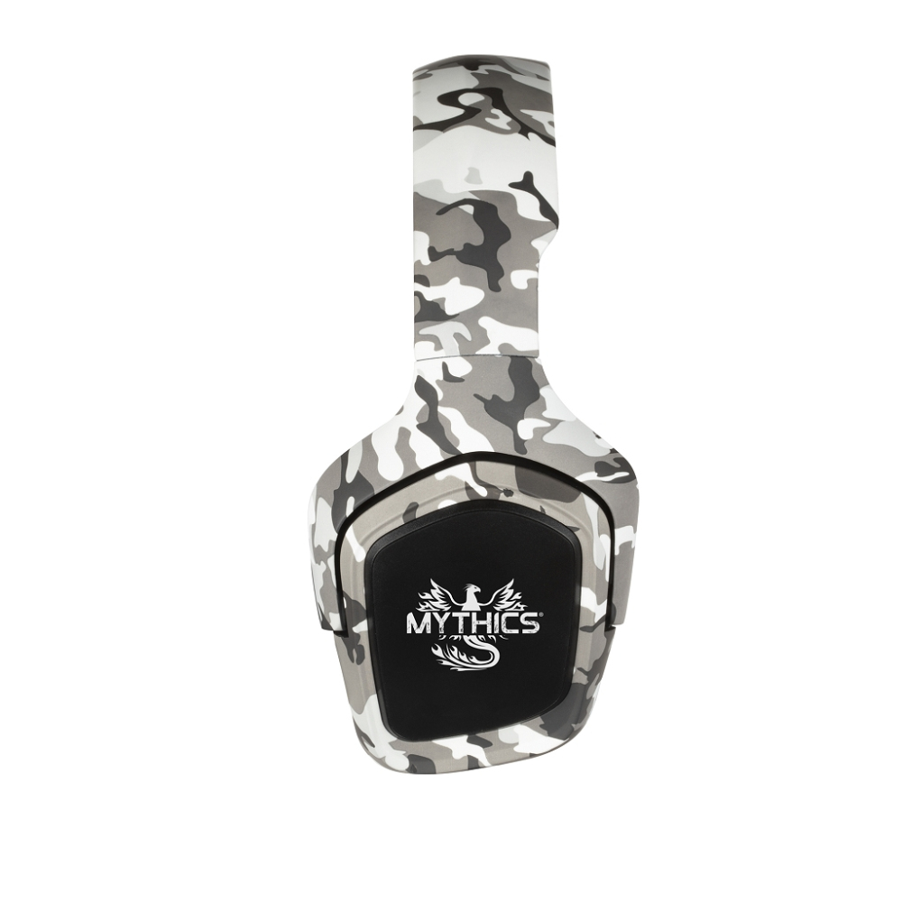 Słuchawki kamuflażowe, białe i szare. Logo mówi Mythics.
