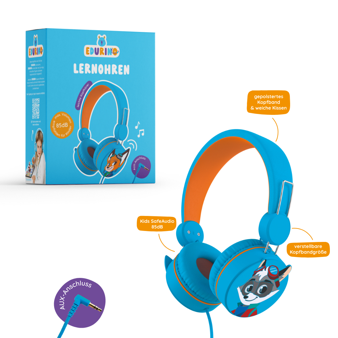 Blaue und orangefarbene Kinderkopfhörer mit Waschbär-Grafik, Box mit Textbeschriftungen.
