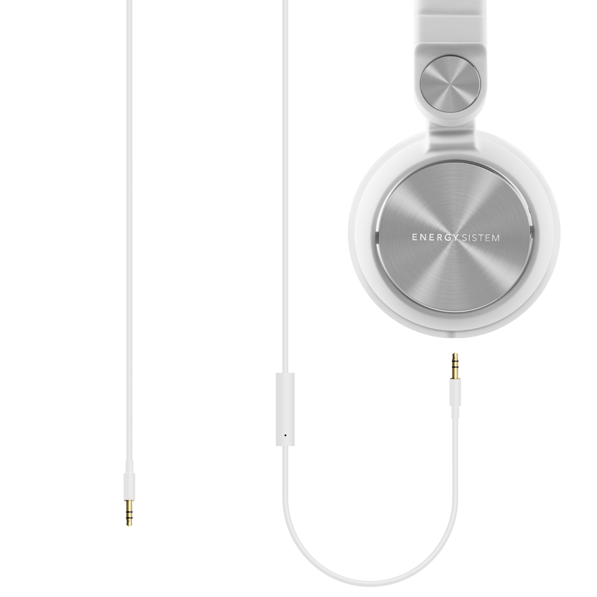 Weiße Kopfhörer mit silberner Mitte, weißem Kabel und goldfarbenem Stecker.