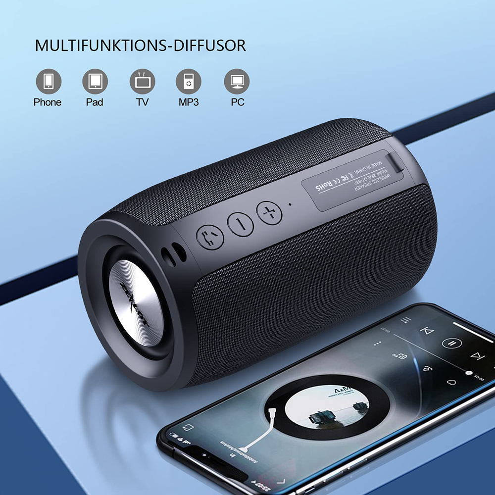 Ein schwarzer Lautsprecher mit einem Handy, das Musik anzeigt. Der Lautsprecher hat Knöpfe. Oben steht: MULTIFUNKTIONS-DIFFUSOR.