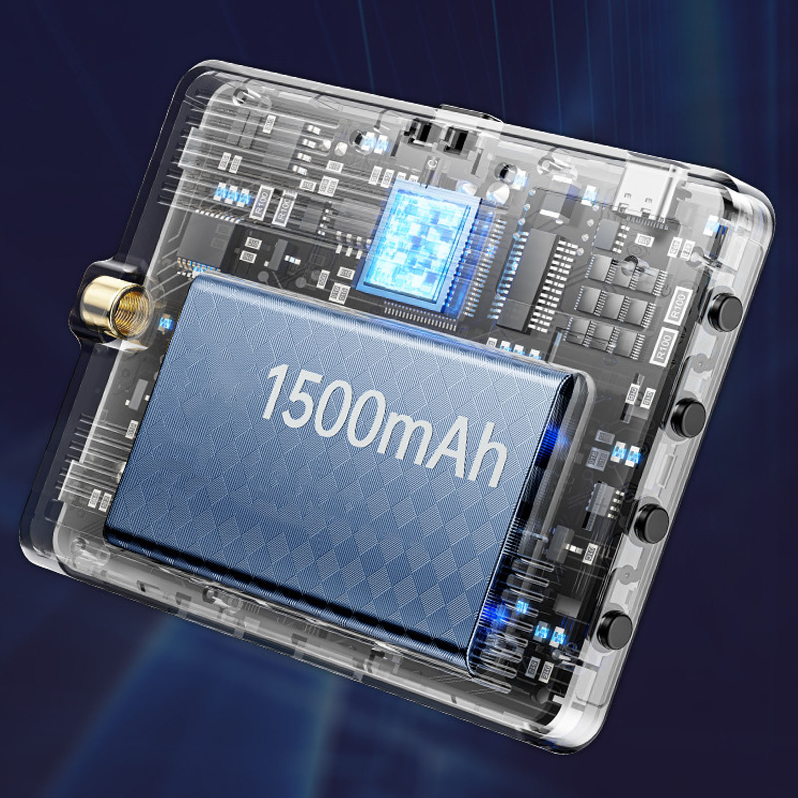 Transparentes elektronisches Gerät mit blauer Batterie und Platine, auf blauem Hintergrund.