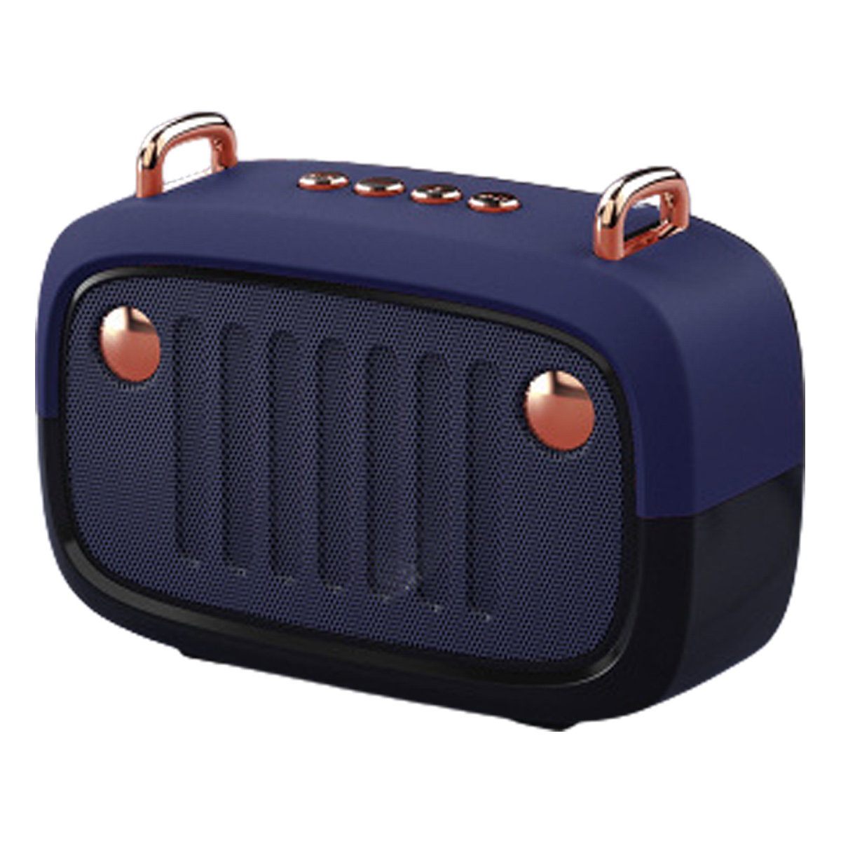 Blau-schwarzer Retro-Lautsprecher mit roségoldenen Griffen und Knöpfen. Er hat eine Mesh-Front und einen schwarzen Sockel.