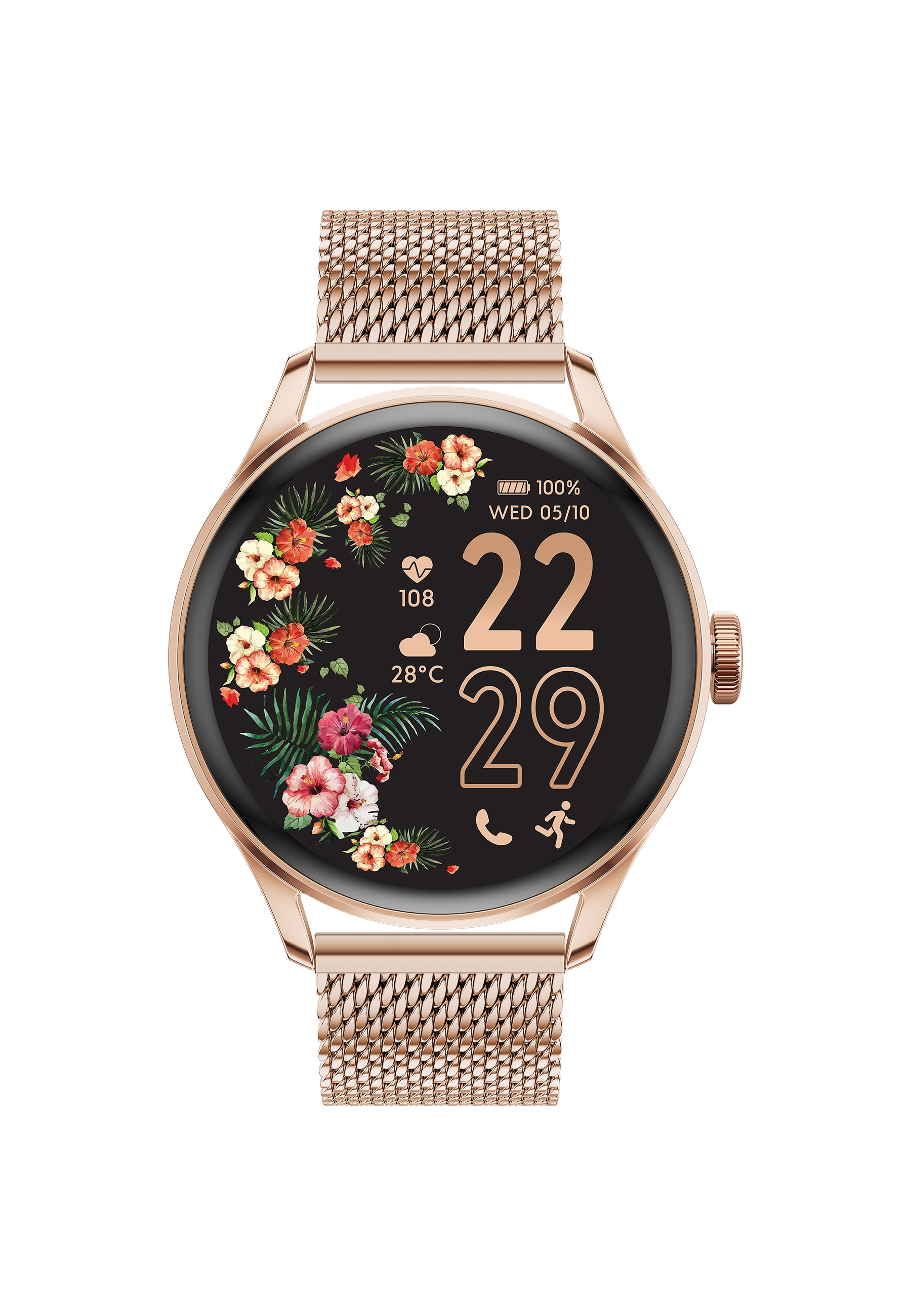 Roségoldene Smartwatch mit floraler Anzeige. Sie zeigt Datum und Uhrzeit. Mesh-Armband angebracht.