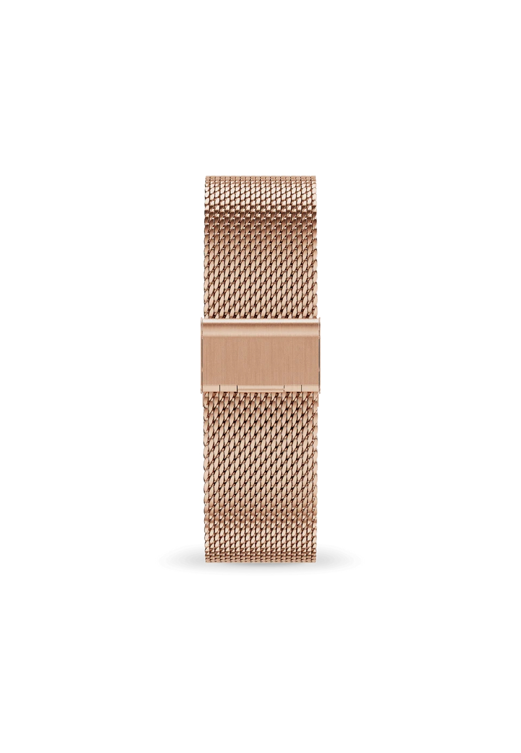 Roségoldfarbenes Uhrenarmband mit Mesh-Design und Verschluss. Auf weißem Hintergrund.