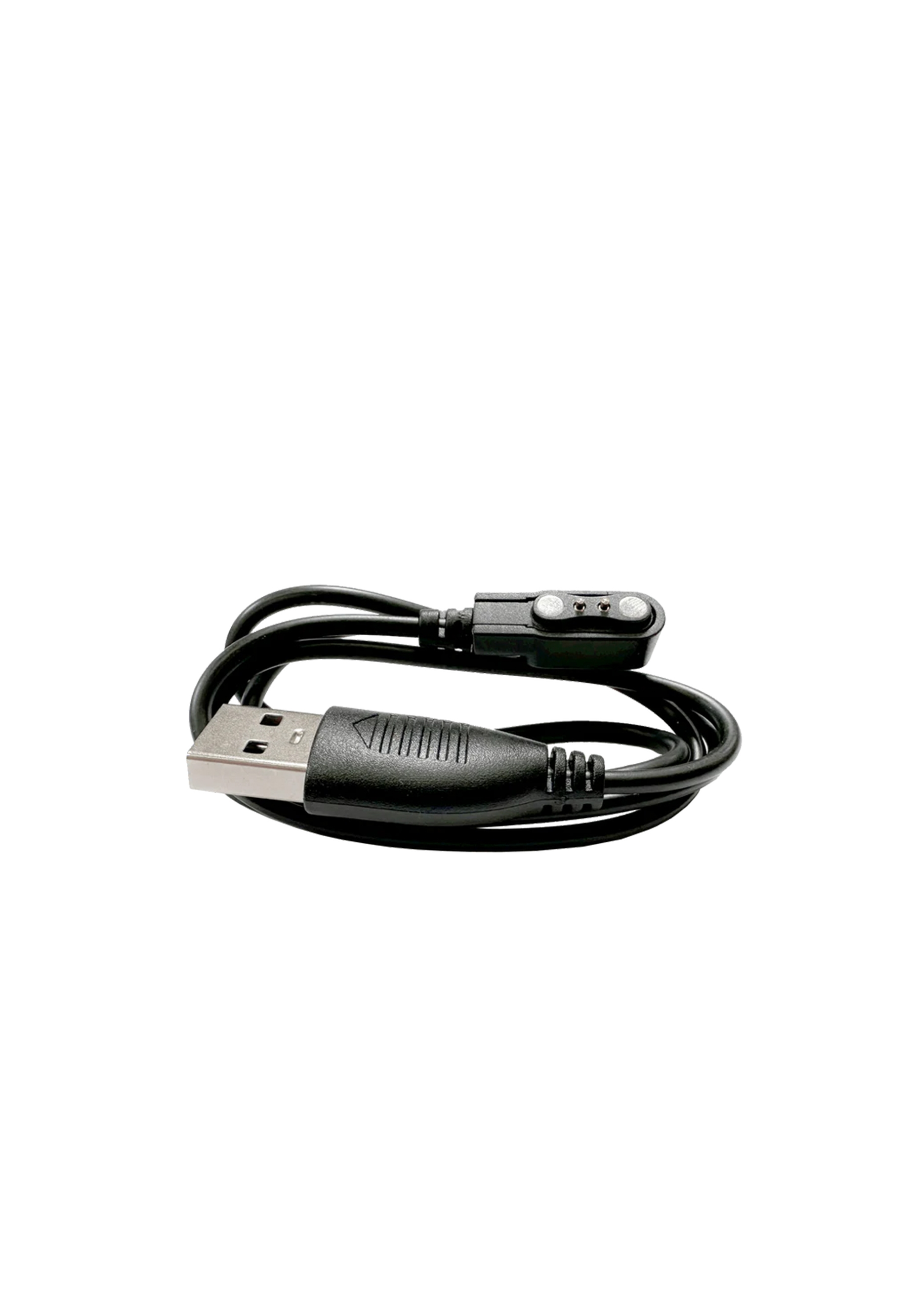 Schwarzes USB-Ladekabel mit einem Stecker an einem Ende auf weißem Hintergrund.