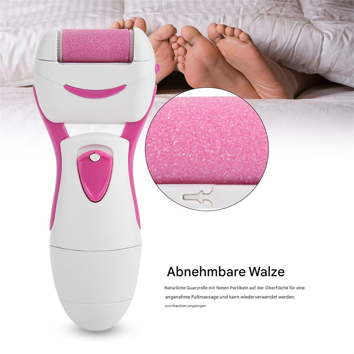 Fußpflegegerät mit rosa Walze. Füße sind im Hintergrund. Text auf Deutsch unter dem Gerät.