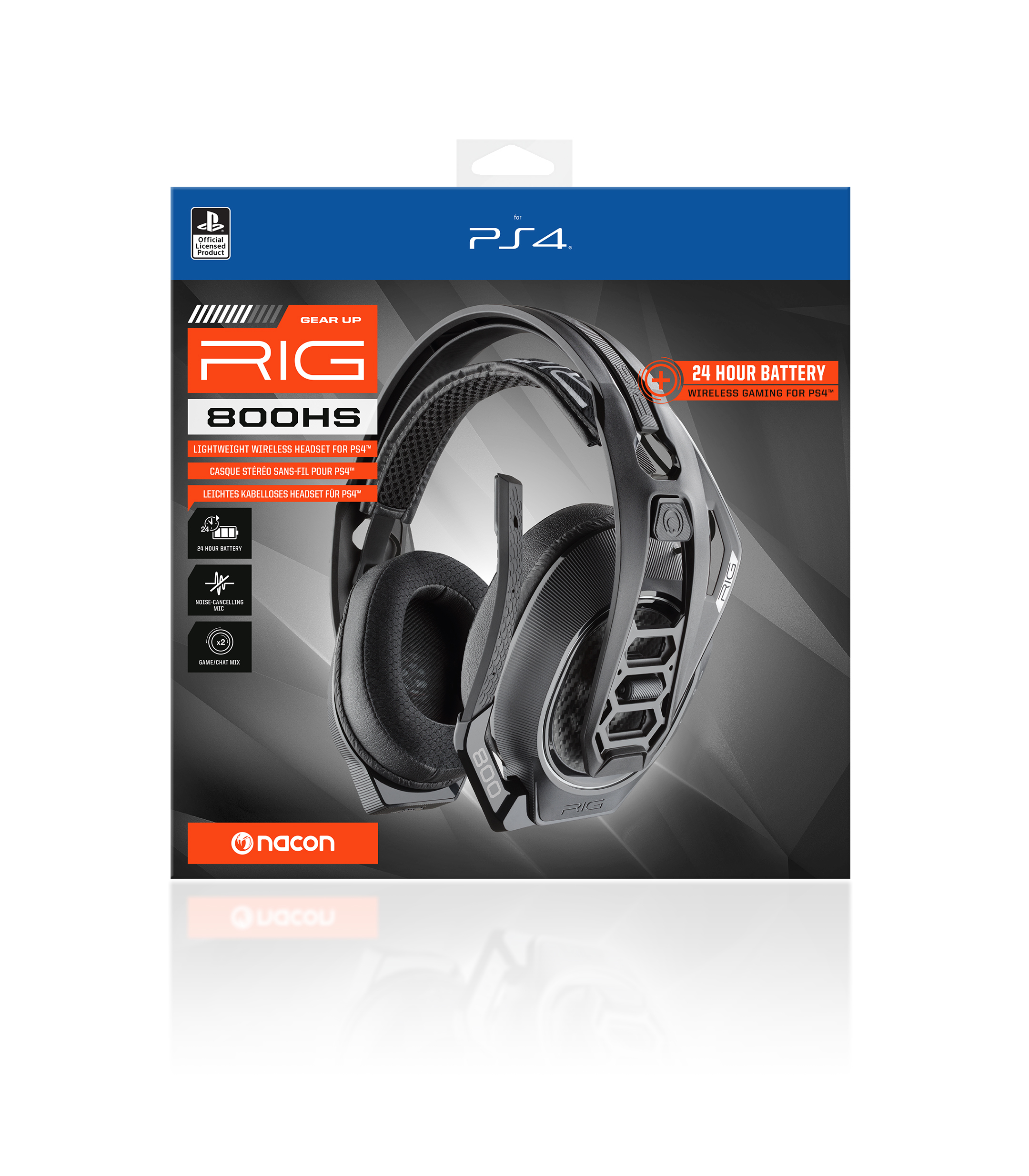 Caja de auriculares PS4. La caja es mayoritariamente negra y roja con una imagen de auriculares.