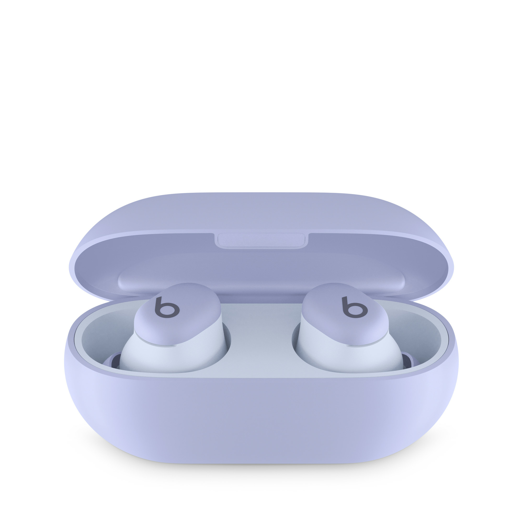 Para fioletowych słuchawek Beats w pasującym etui. Etui jest otwarte, widać słuchawki.