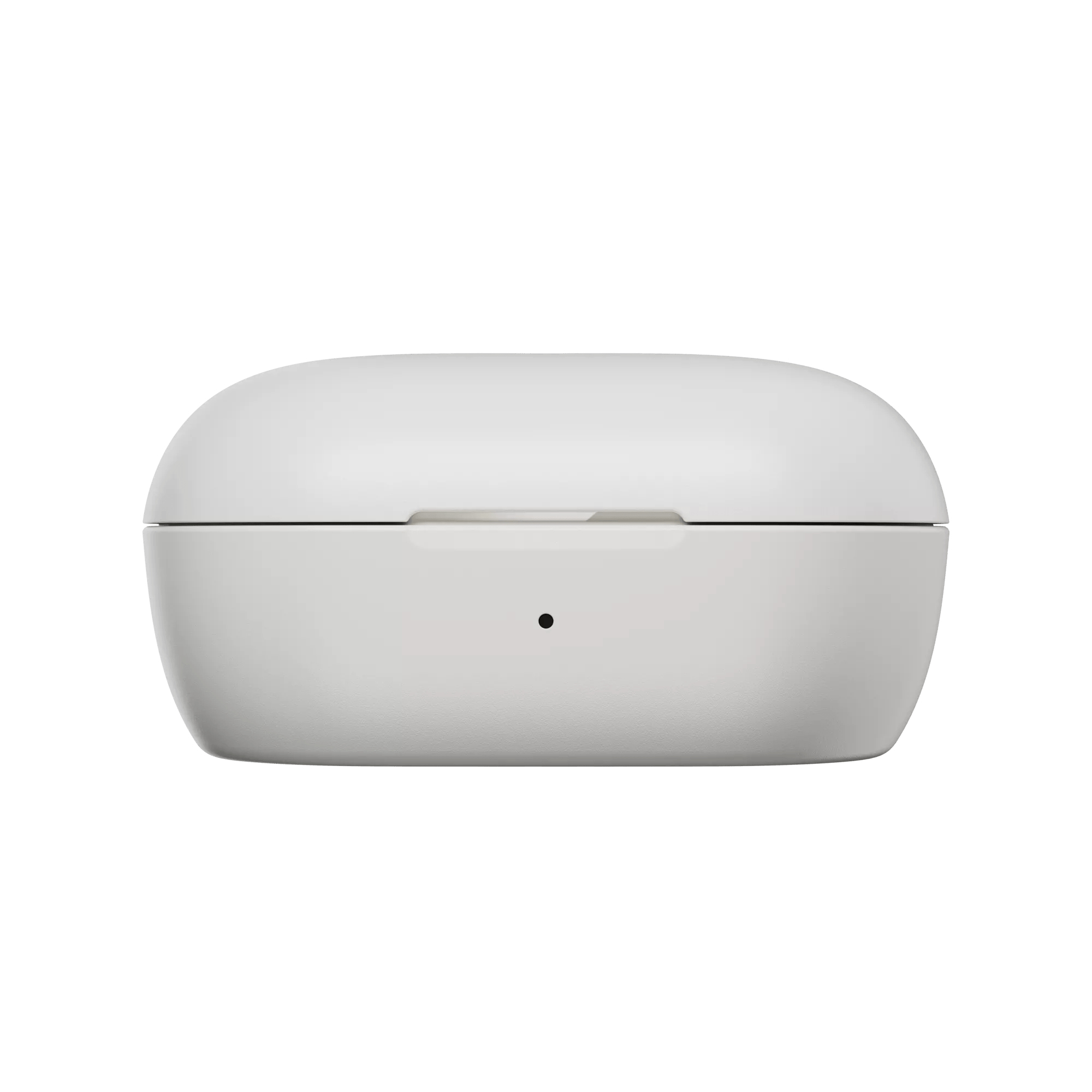 Una funda de carga blanca y cerrada para auriculares. Tiene un pequeño punto negro.
